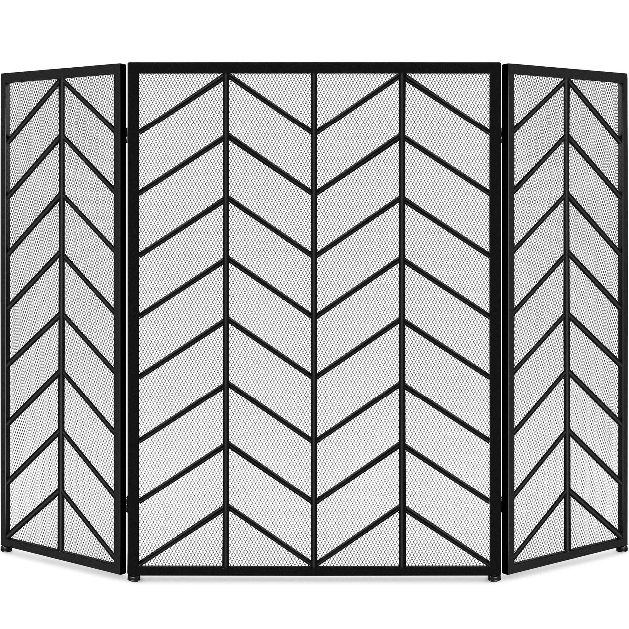 3-Panel Iron Chevron Fireplace Screen w/ Handles - 52x31in - Black
