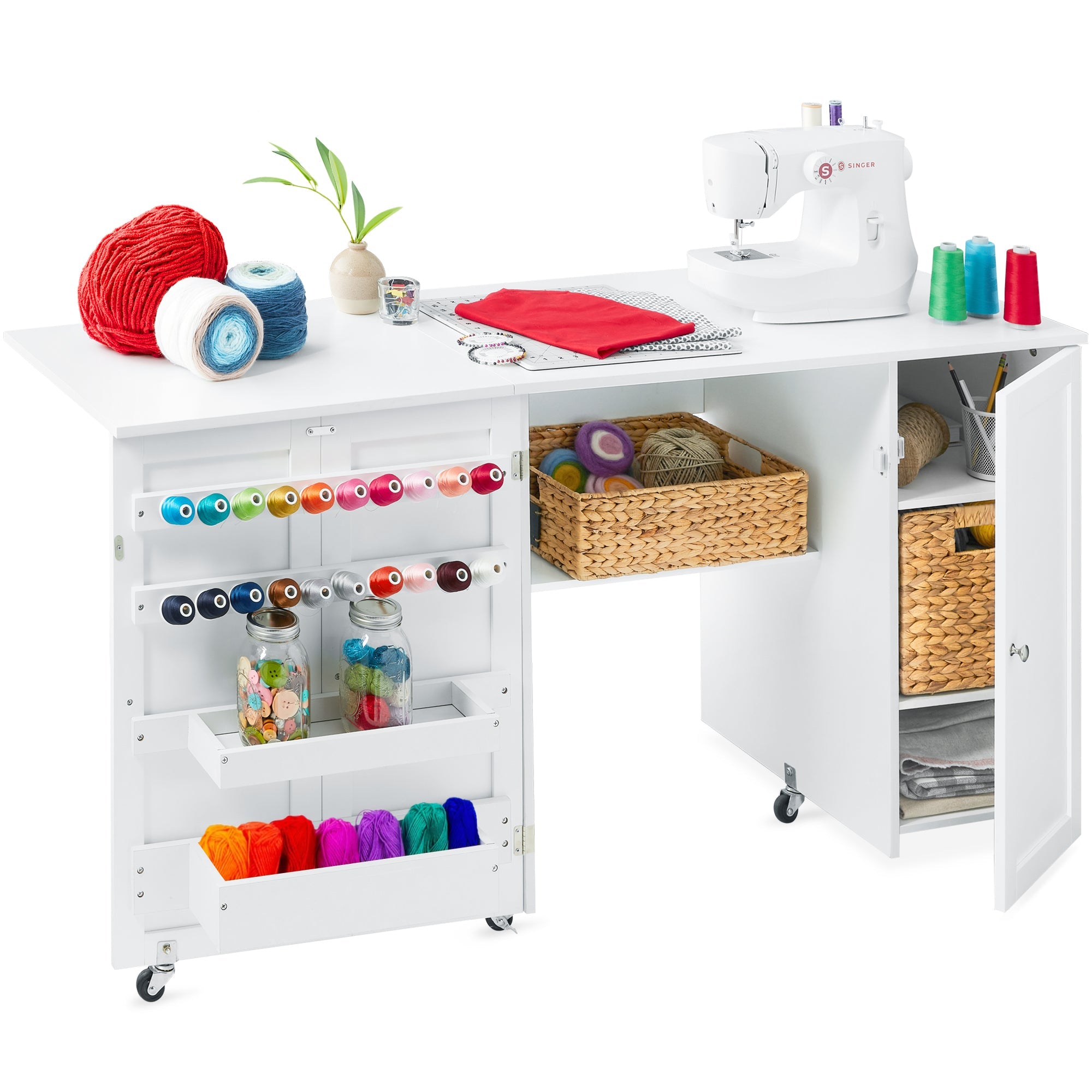 Large Portable Folding Sewing Table Multipurpose Craft Station w/ Wheels - White