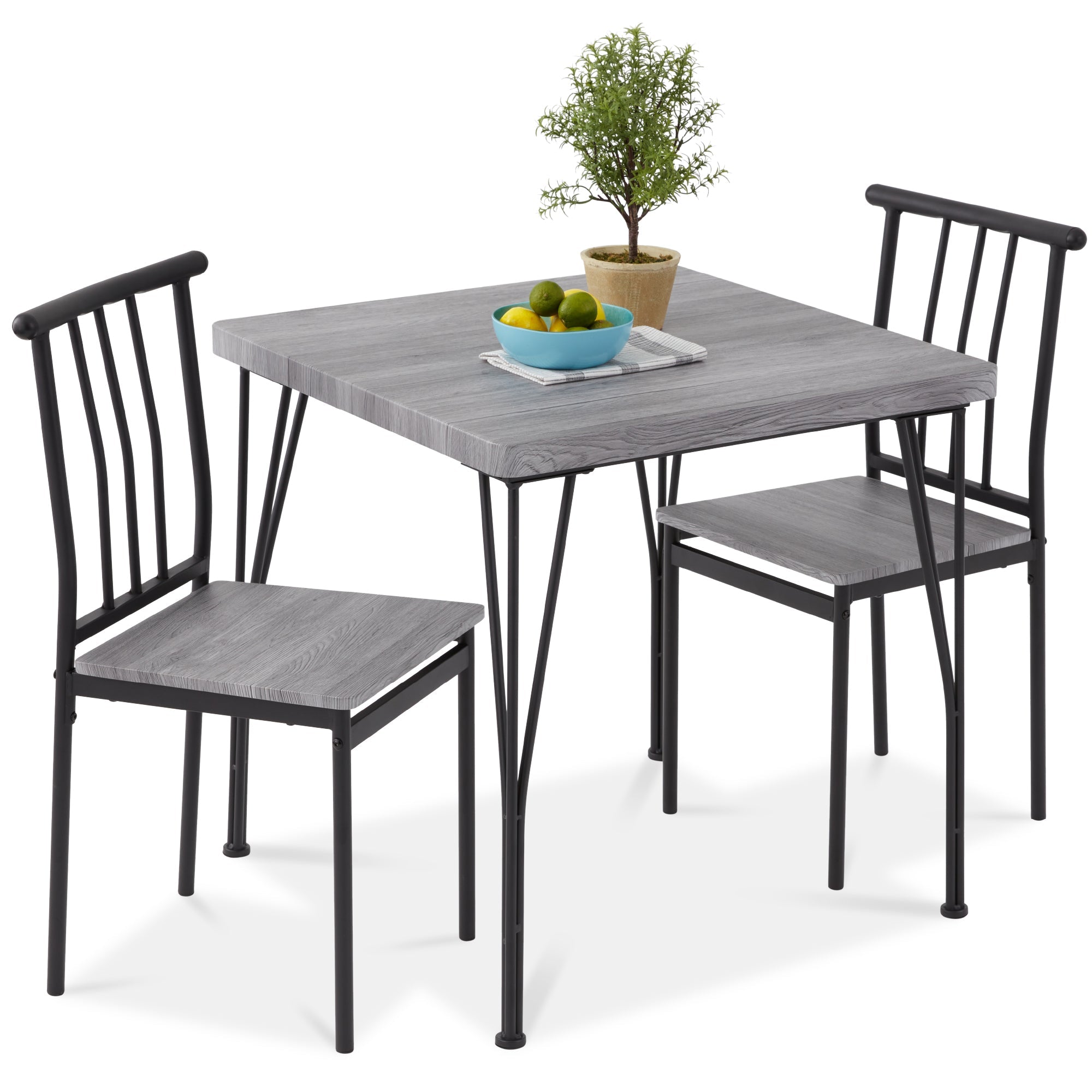 3-Piece Metal Wood Square Dining Table Furniture Set w/ 2 Chairs - Gray