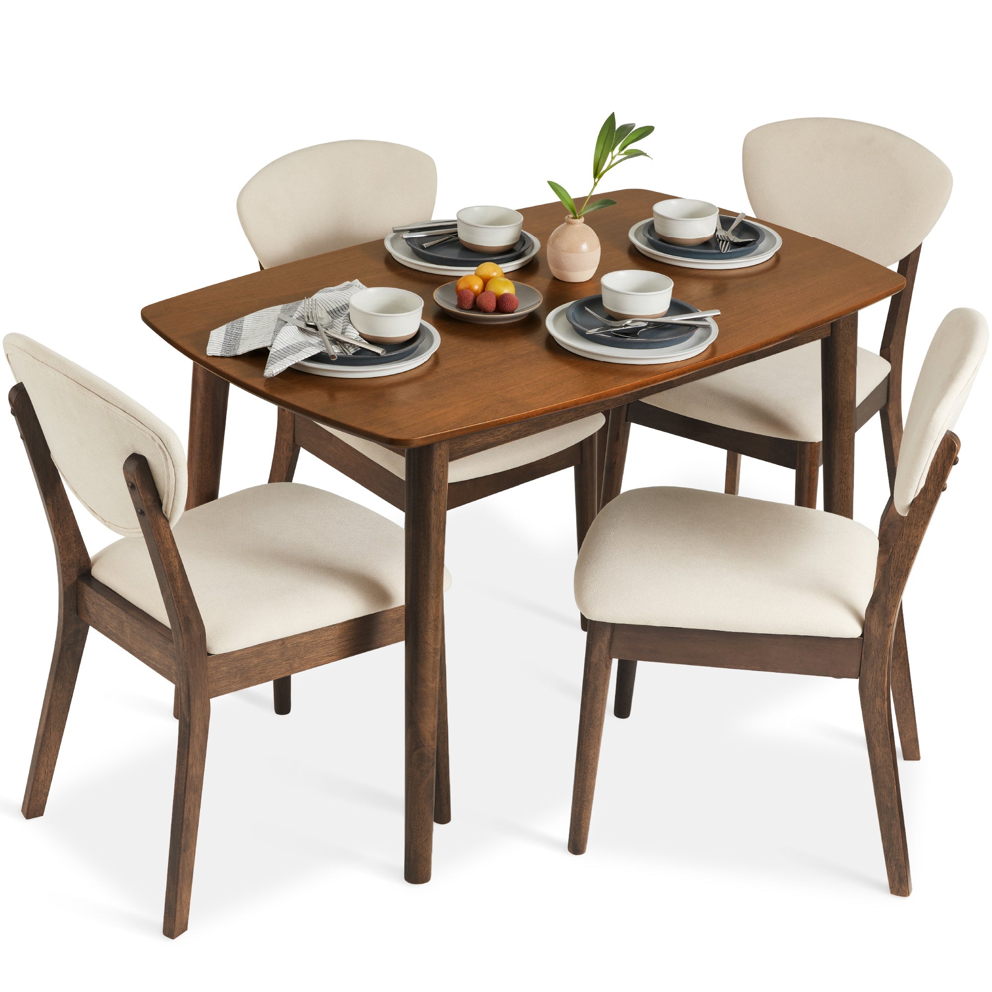 5-Piece Wooden Mid-Century Modern Dining Set w/ 4 Chairs, Padded Seat & Back - Walnut/Cream