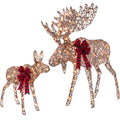 2-Piece Moose Family Lighted Outdoor Christmas Decoration Set w/ LED Lights - Rattan