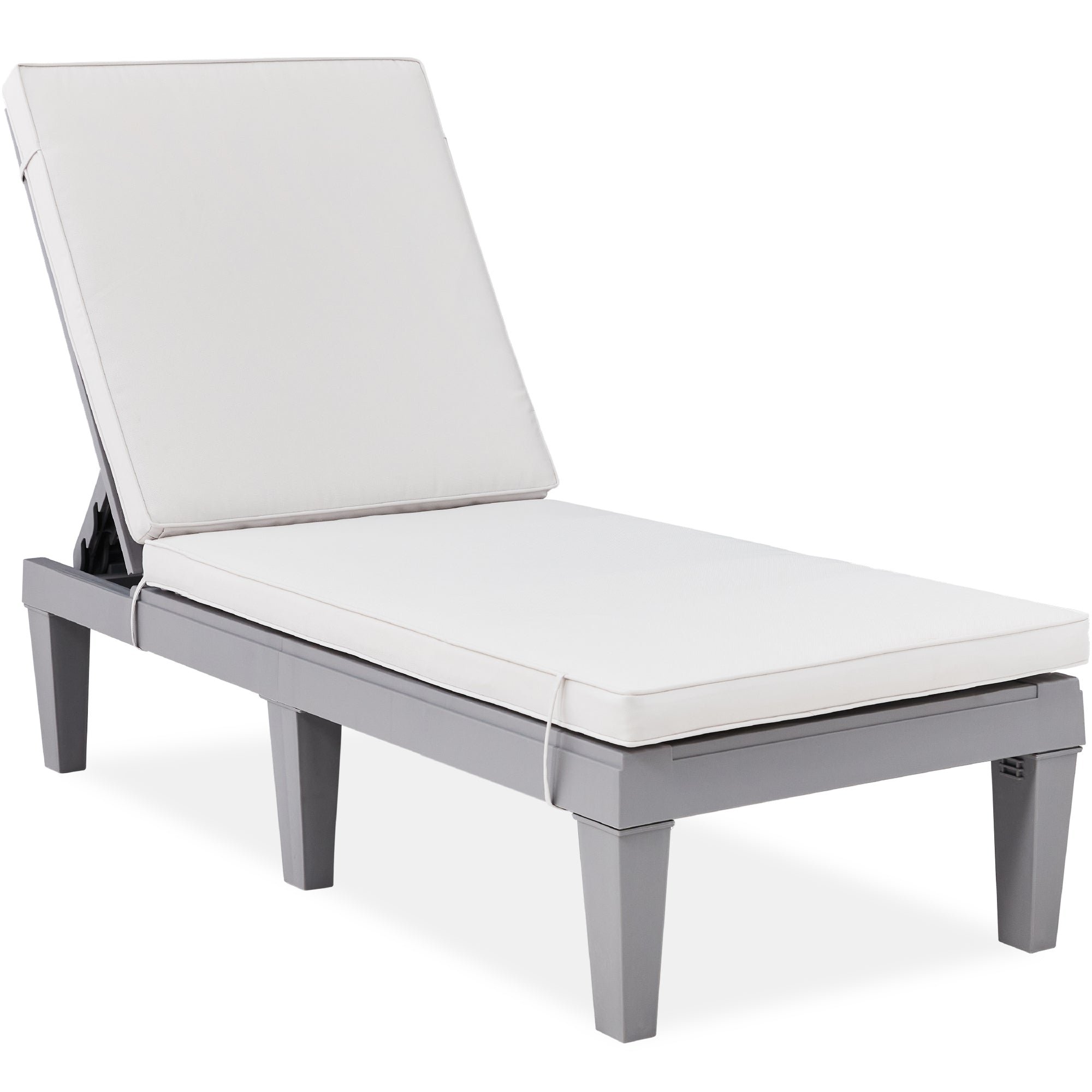 Outdoor Patio Lounge Chair, Resin Chaise Lounger w/ Seat Cushion, 5 Positions - Gray/White Sand
