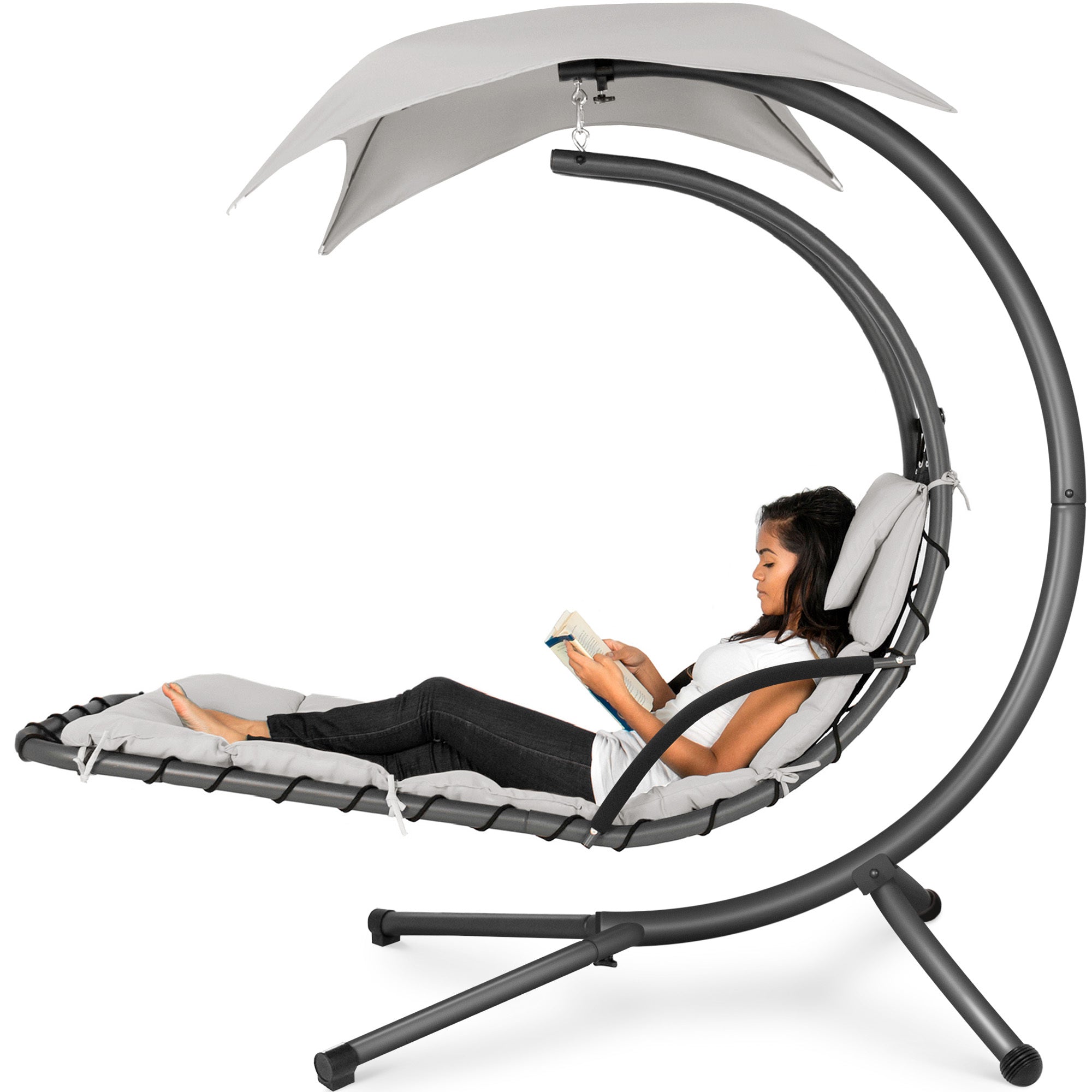 Hanging Curved Chaise Lounge Chair w/ Built-In Pillow, Removable Canopy - White Sand