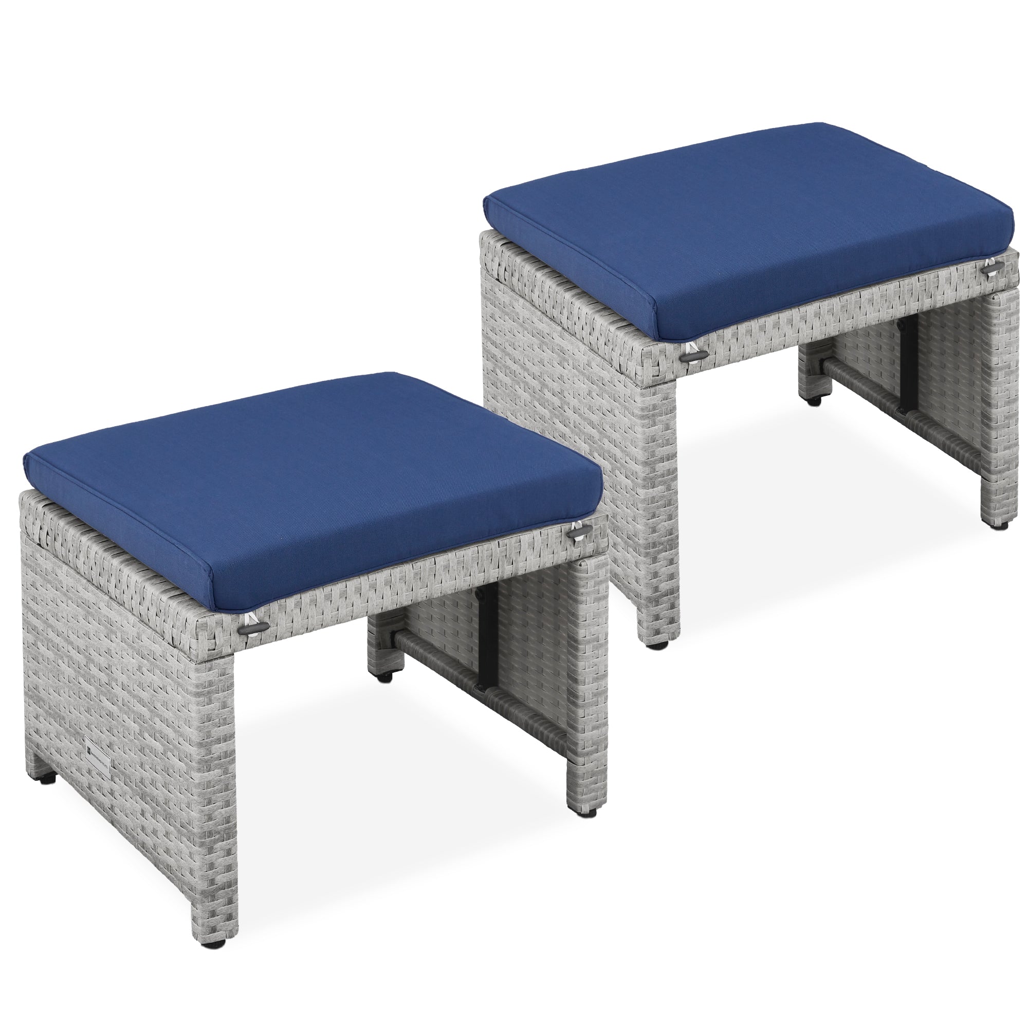 Set of 2 Multipurpose Wicker Ottomans w/ Removable Cushions, Steel Frame - Gray/Navy