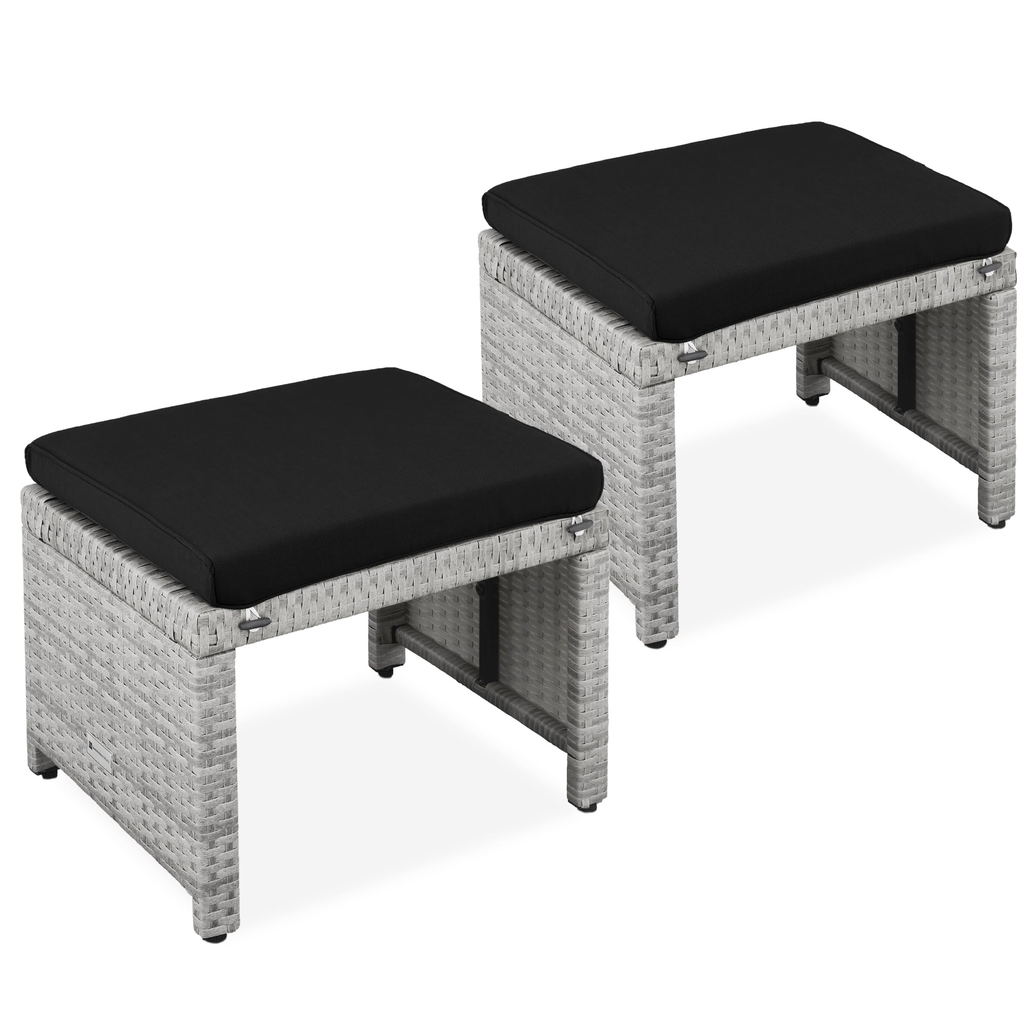Set of 2 Multipurpose Wicker Ottomans w/ Removable Cushions, Steel Frame - Gray/Black