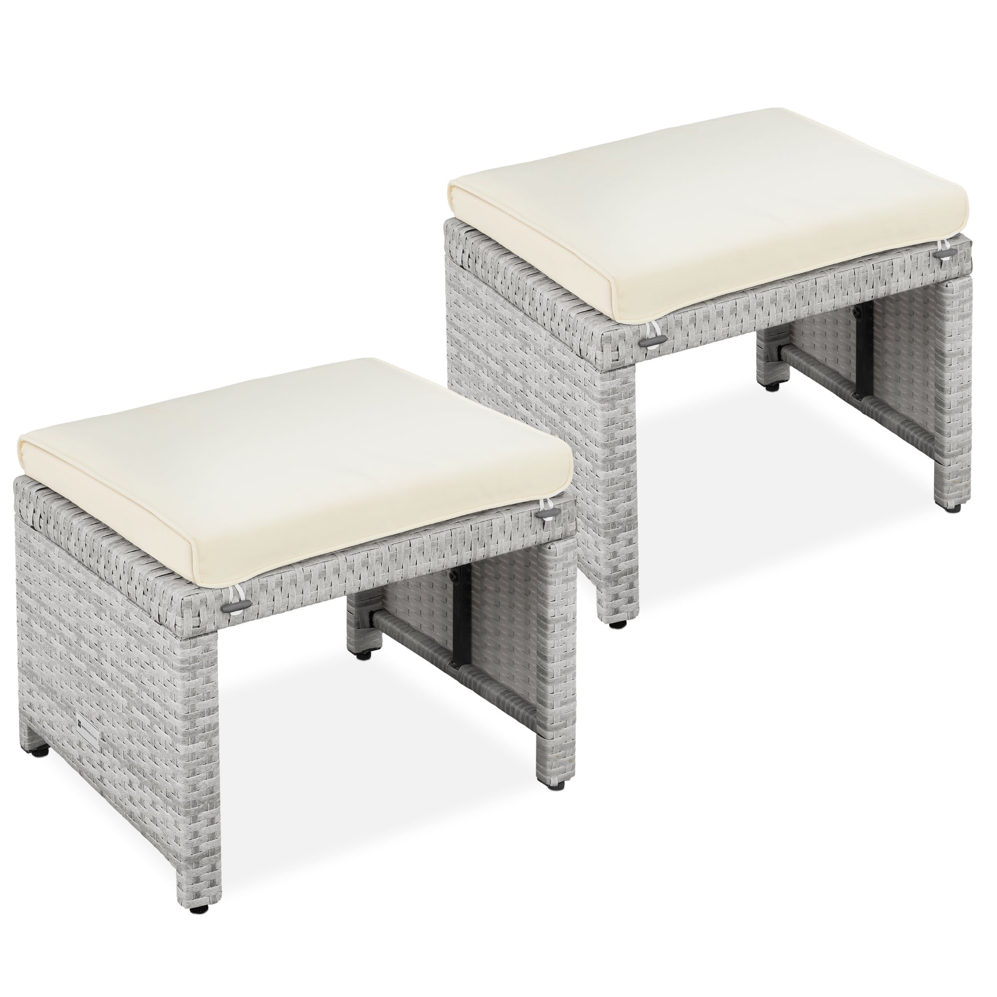 Set of 2 Multipurpose Wicker Ottomans w/ Removable Cushions, Steel Frame - Gray/Cream