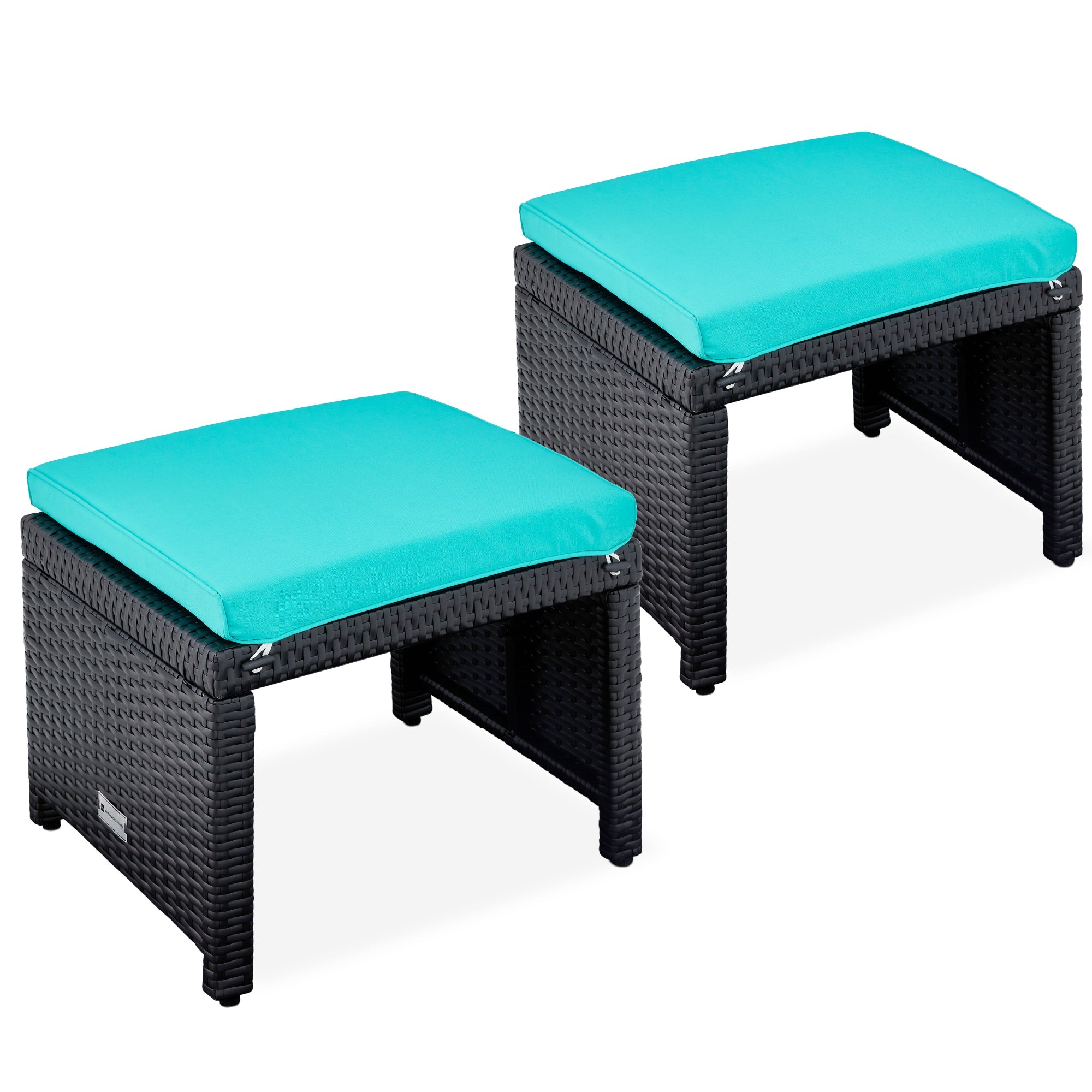 Set of 2 Multipurpose Wicker Ottomans w/ Removable Cushions, Steel Frame - Black/Teal