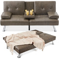 Faux Leather Upholstered Convertible Sofa Bed Futon w/ 2 Cupholders - Gray