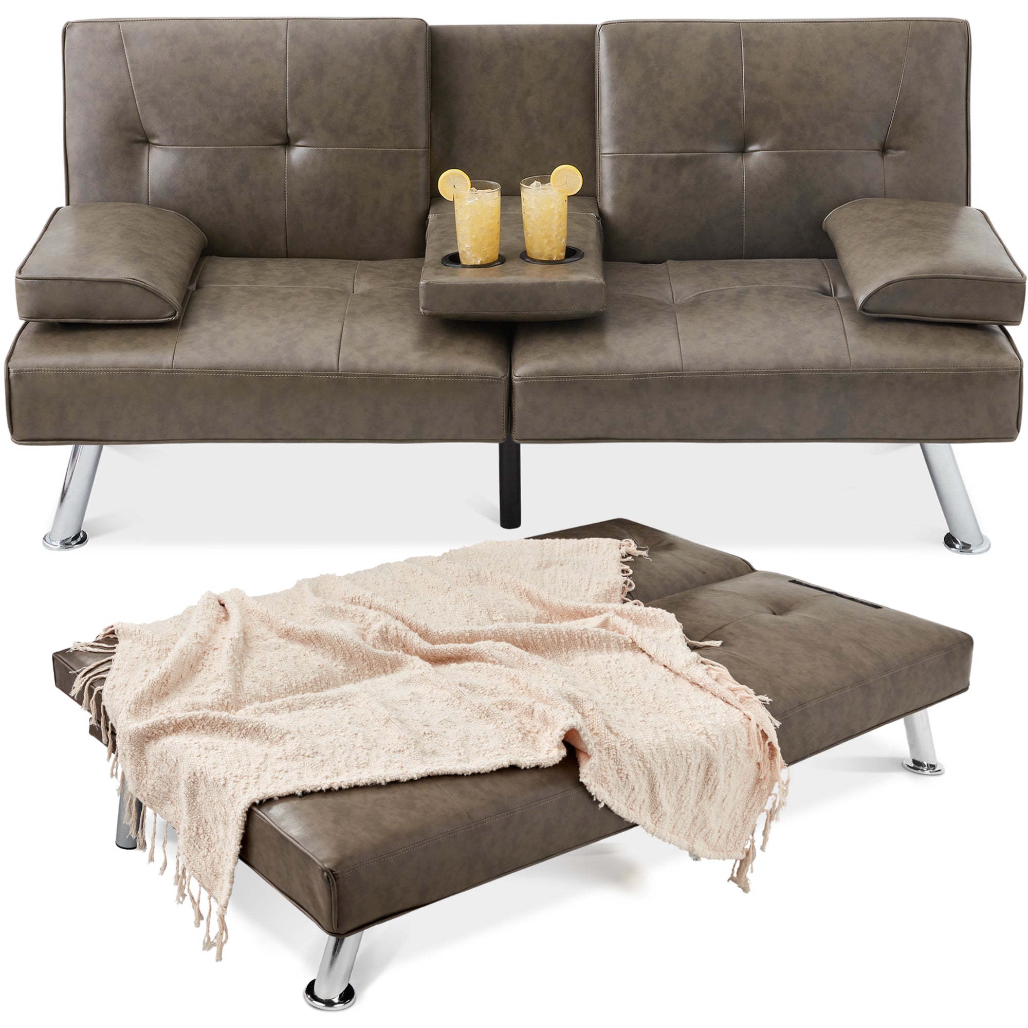 Faux Leather Upholstered Convertible Sofa Bed Futon w/ 2 Cupholders - Gray