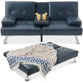 Faux Leather Upholstered Convertible Sofa Bed Futon w/ 2 Cupholders - Blue