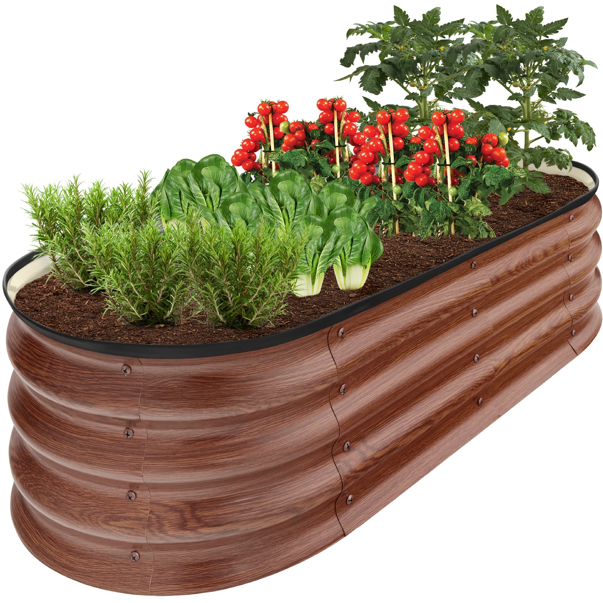 Outdoor Raised Metal Oval Garden Bed, Planter Box - 4x2x1ft - Wood Grain