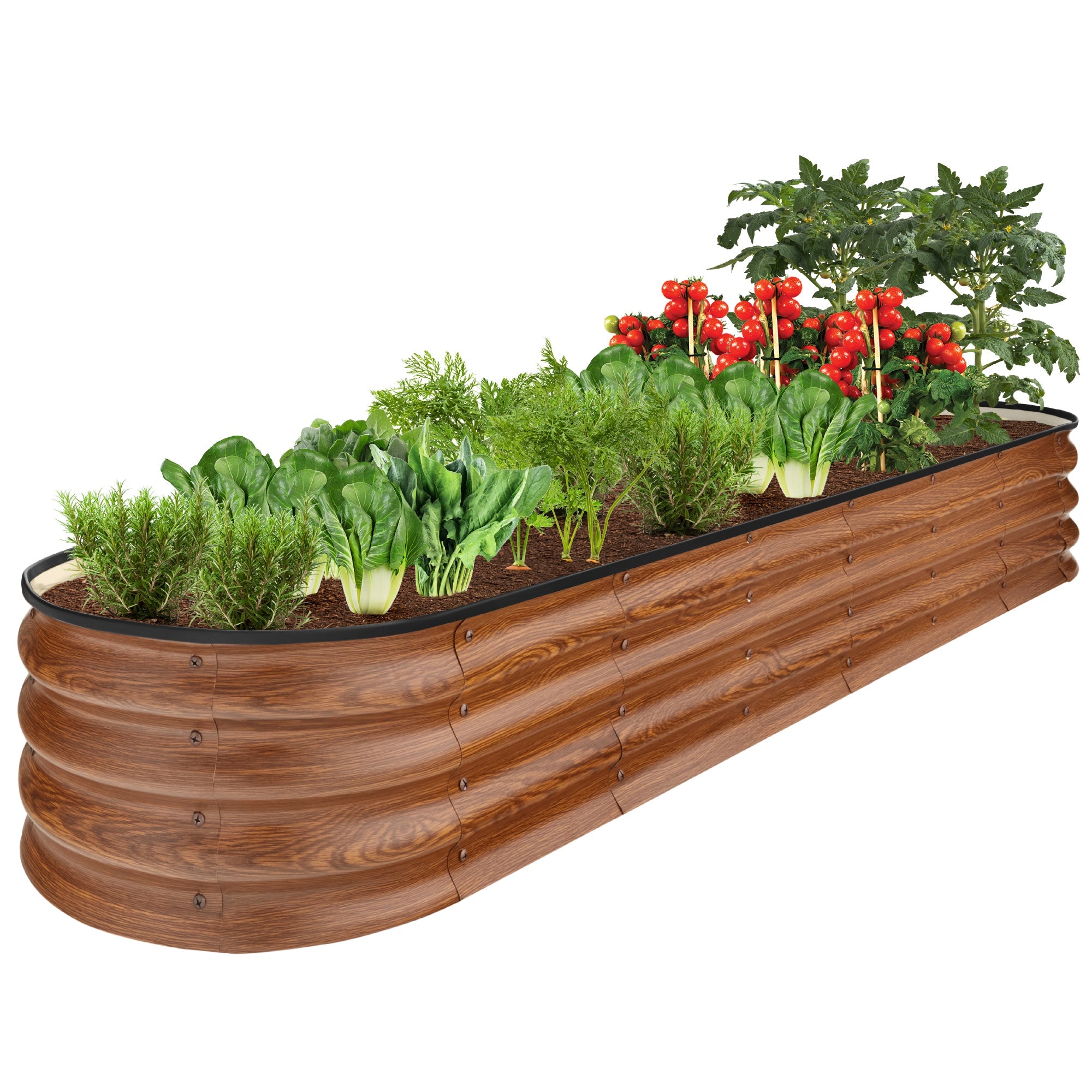 Outdoor Metal Raised Oval Garden Bed for Vegetables, Flowers - 8x2x1ft - Wood Grain