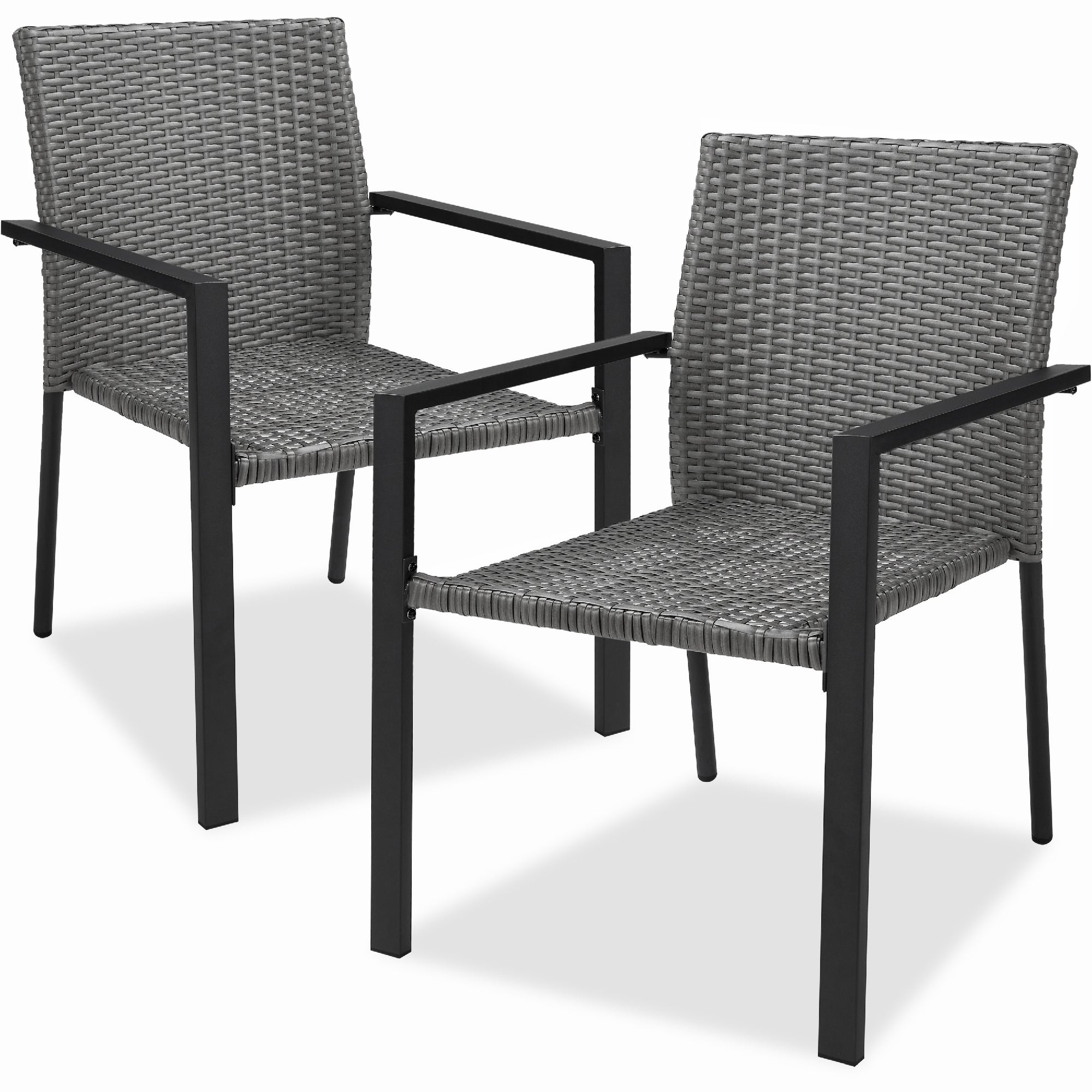 Set of 2 Stackable Wicker Chairs w/ Armrests, Steel Accent Furniture - Gray