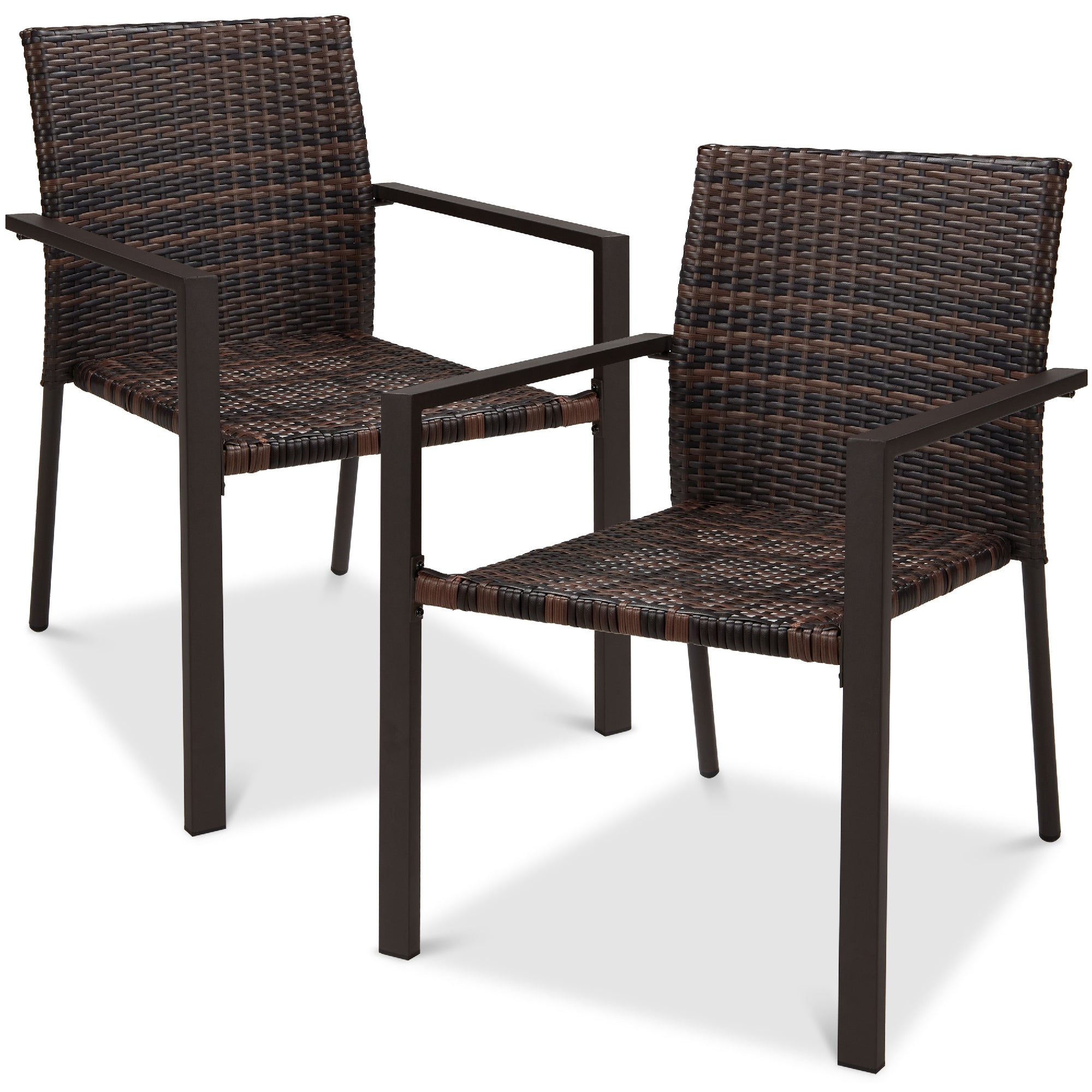 Set of 2 Stackable Wicker Chairs w/ Armrests, Steel Accent Furniture - Brown