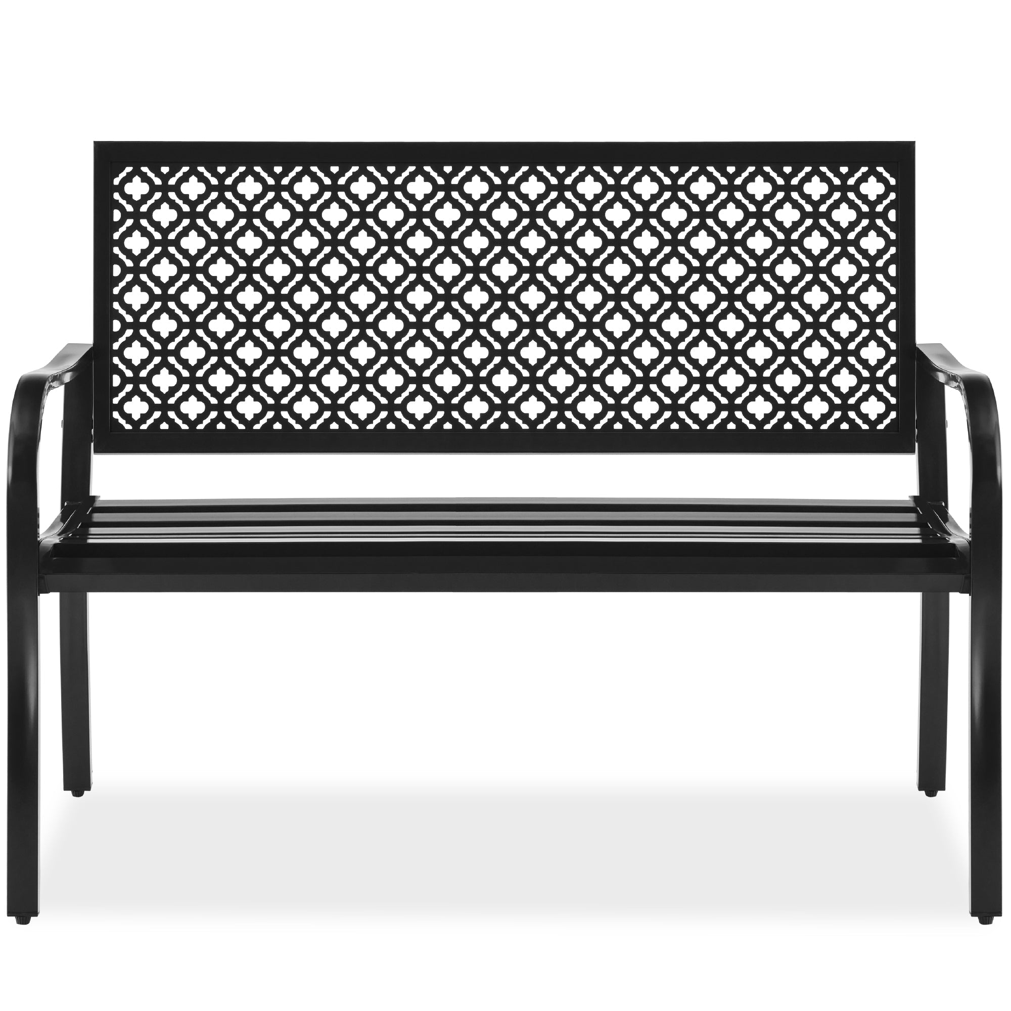 Indoor Outdoor Steel Bench w/ Geometric Backrest, Foot Levelers - Black