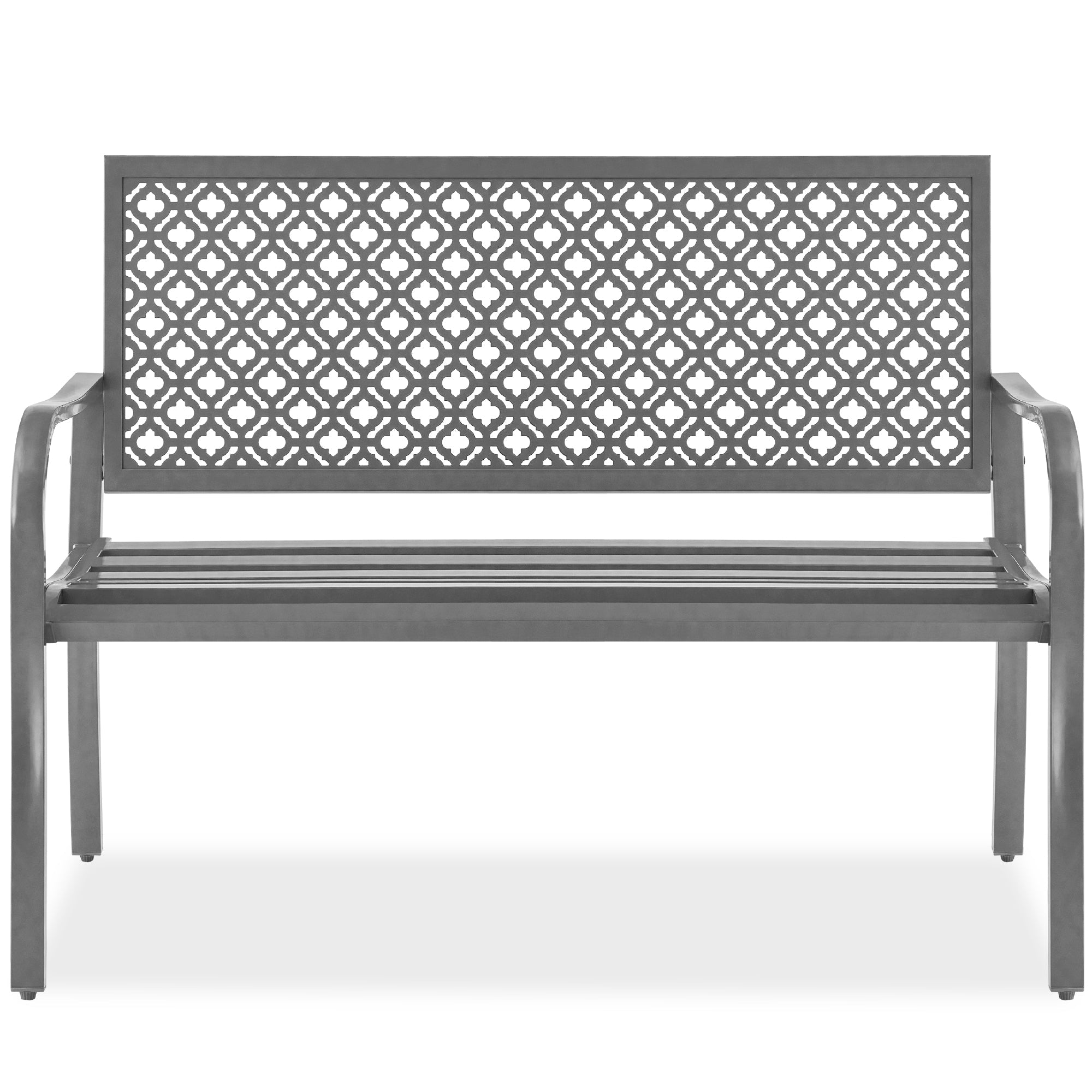 Indoor Outdoor Steel Bench w/ Geometric Backrest, Foot Levelers - Gray