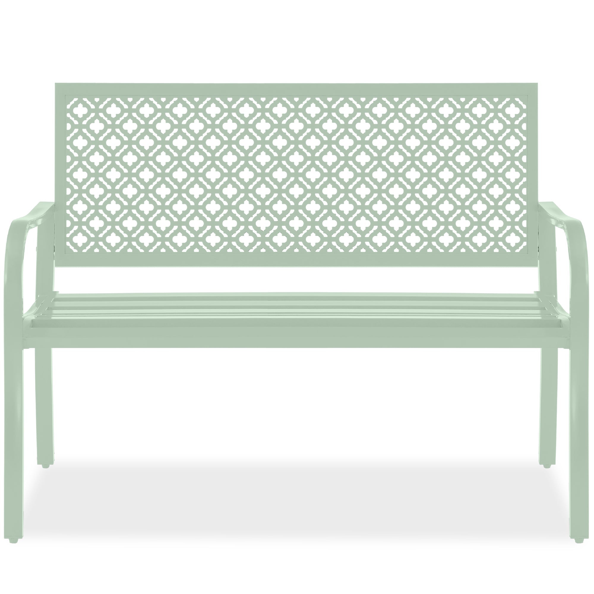 Indoor Outdoor Steel Bench w/ Geometric Backrest, Foot Levelers - Mint Green