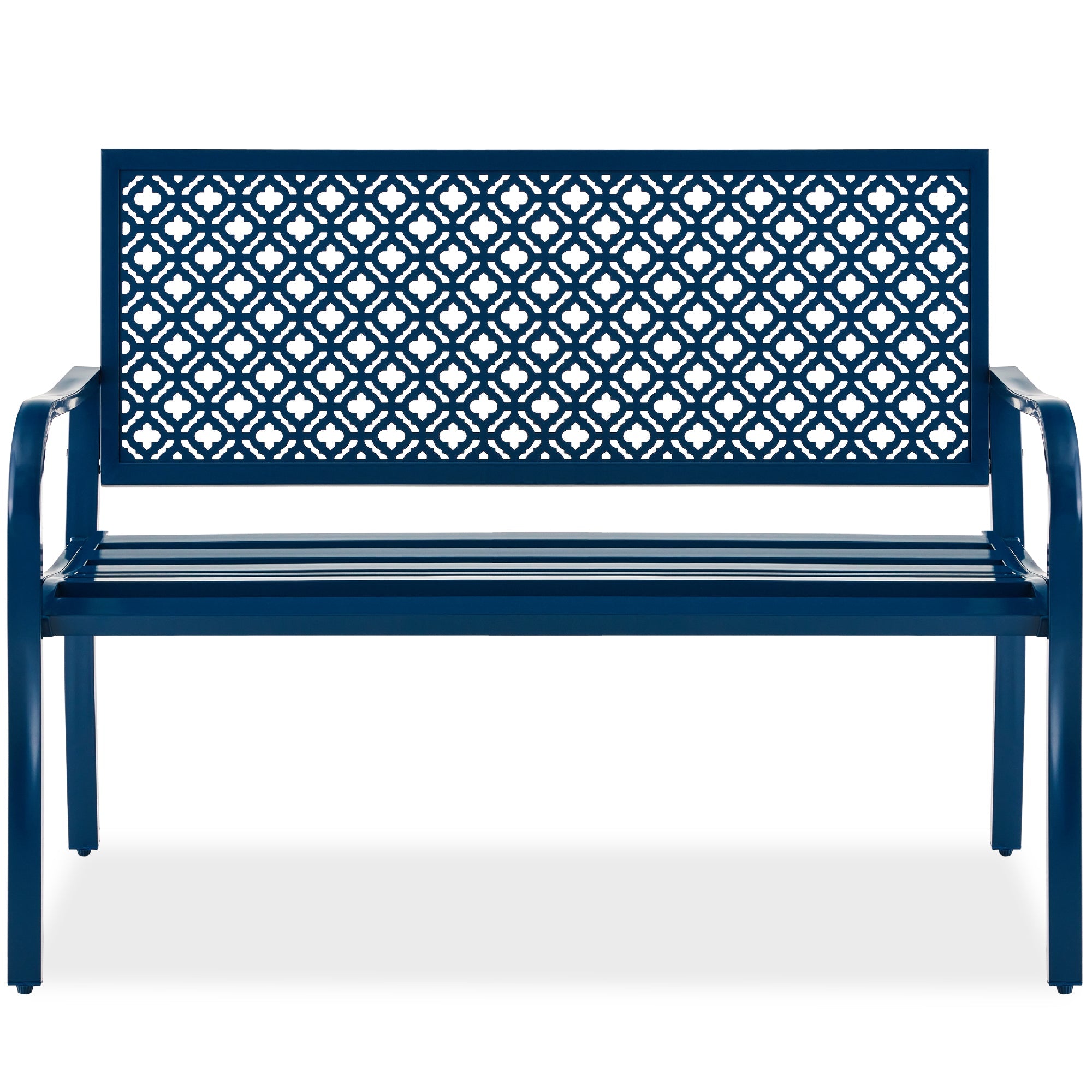 Indoor Outdoor Steel Bench w/ Geometric Backrest, Foot Levelers - Peacock Blue