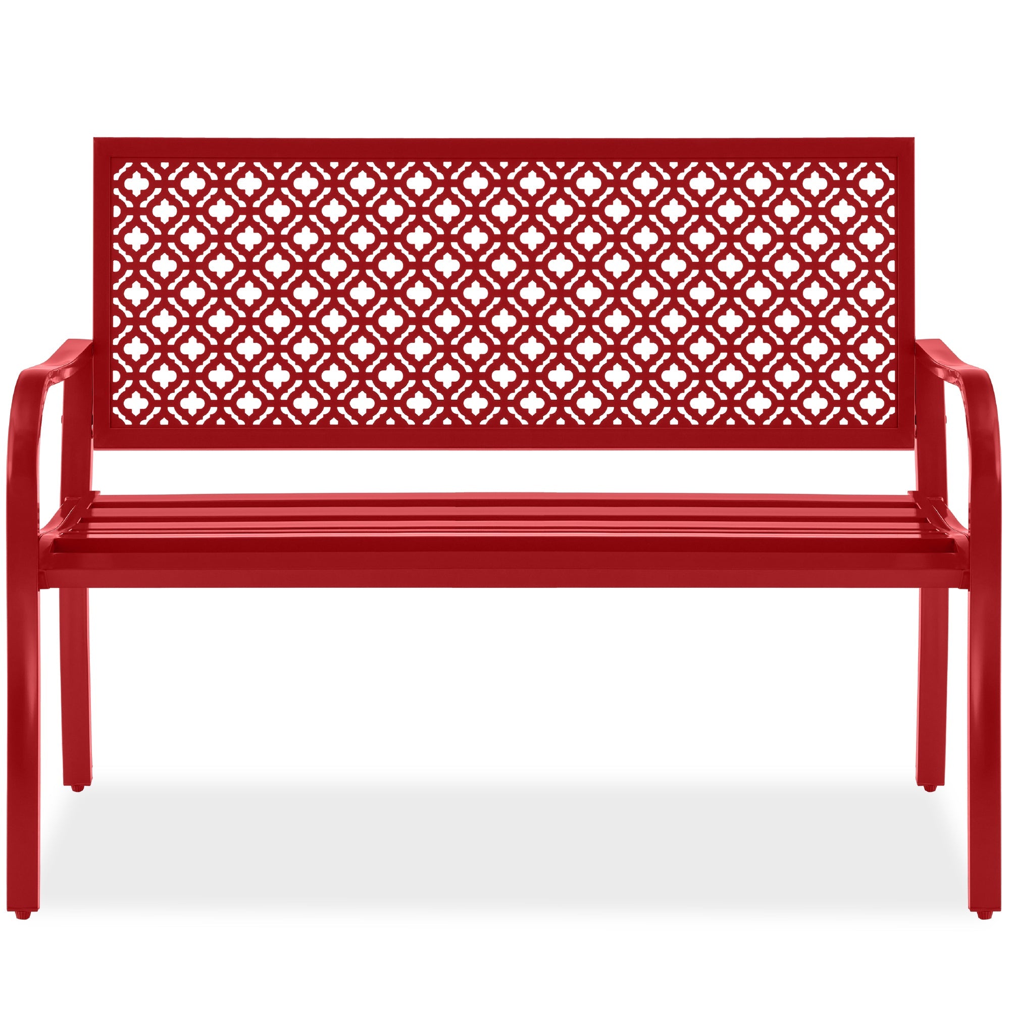 Indoor Outdoor Steel Bench w/ Geometric Backrest, Foot Levelers - Rose Red