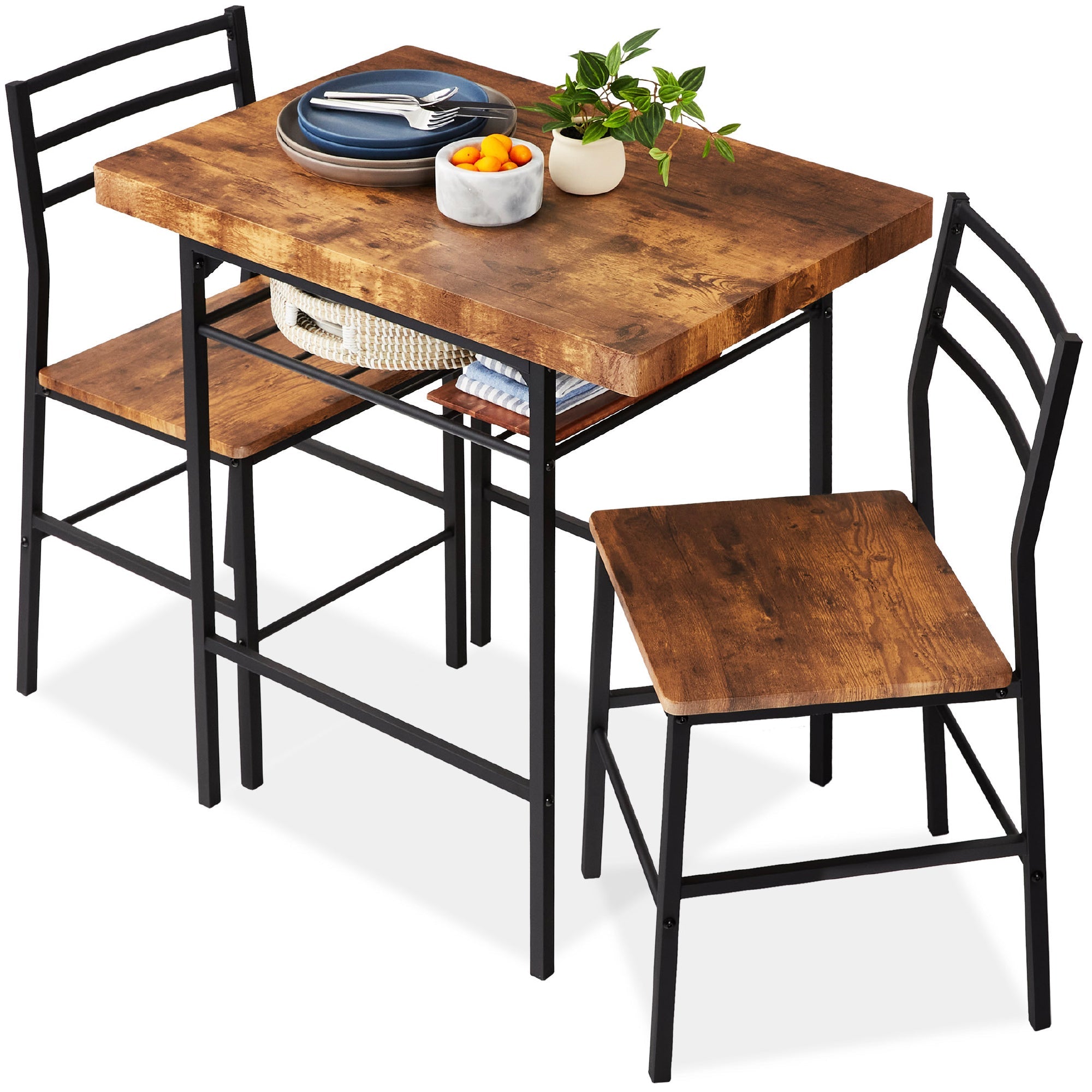 3-Piece Modern Square Dining Set w/ Storage Rack - Medium Brown/Black