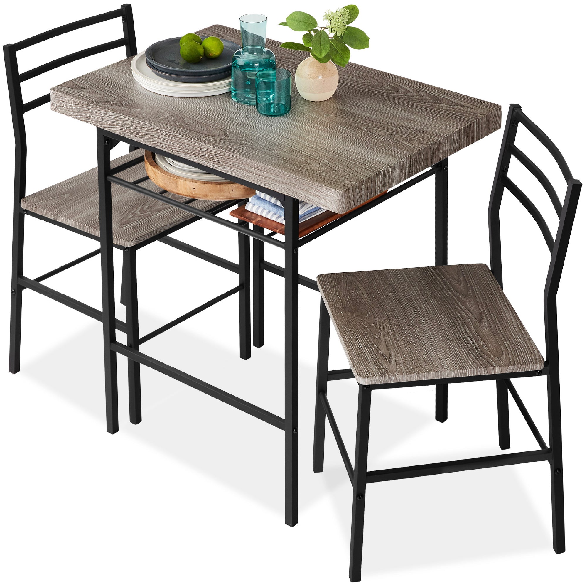 3-Piece Modern Square Dining Set w/ Storage Rack - Gray/Black