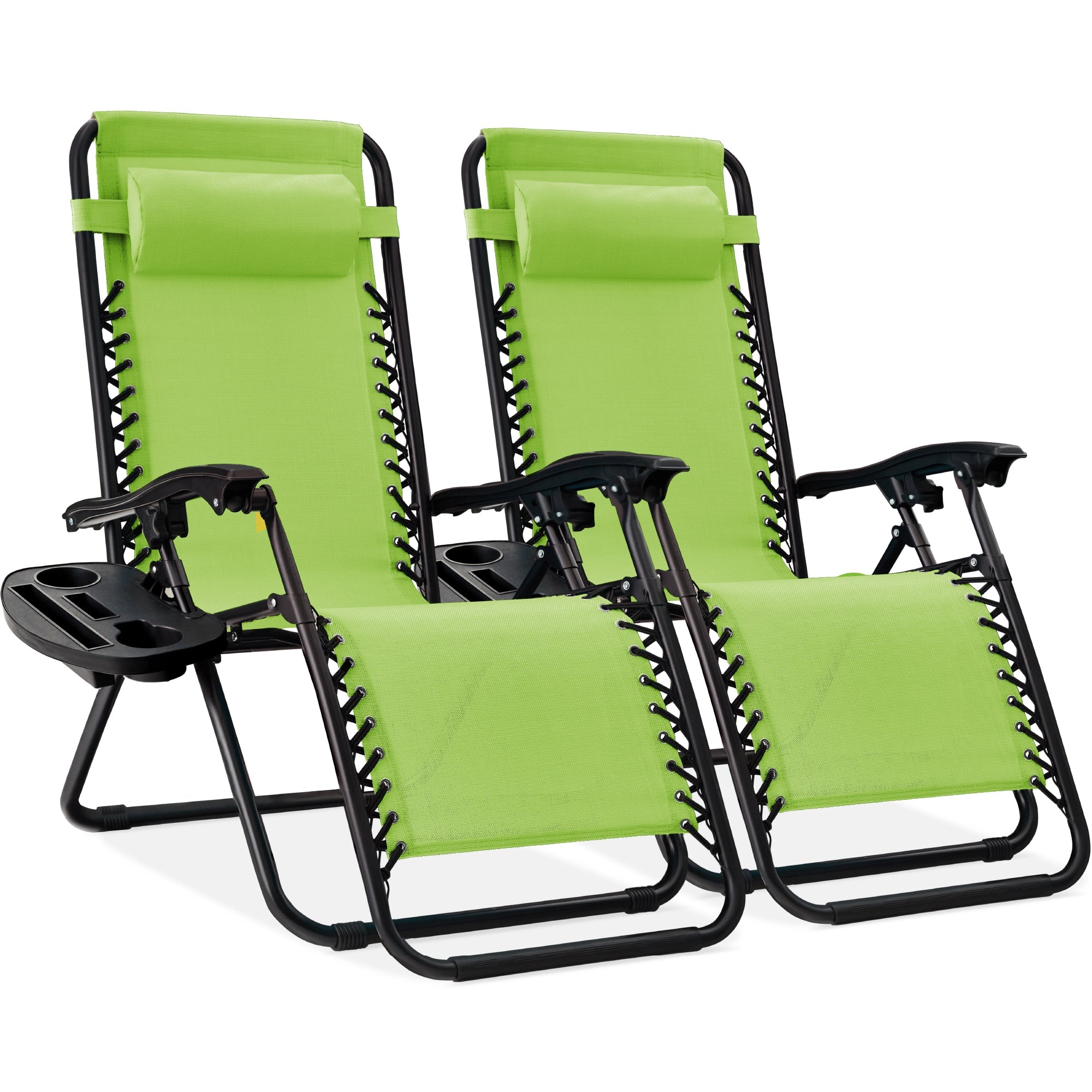 Set of 2 Adjustable Zero Gravity Patio Chair Recliners w/ Cup Holders - Lime Green