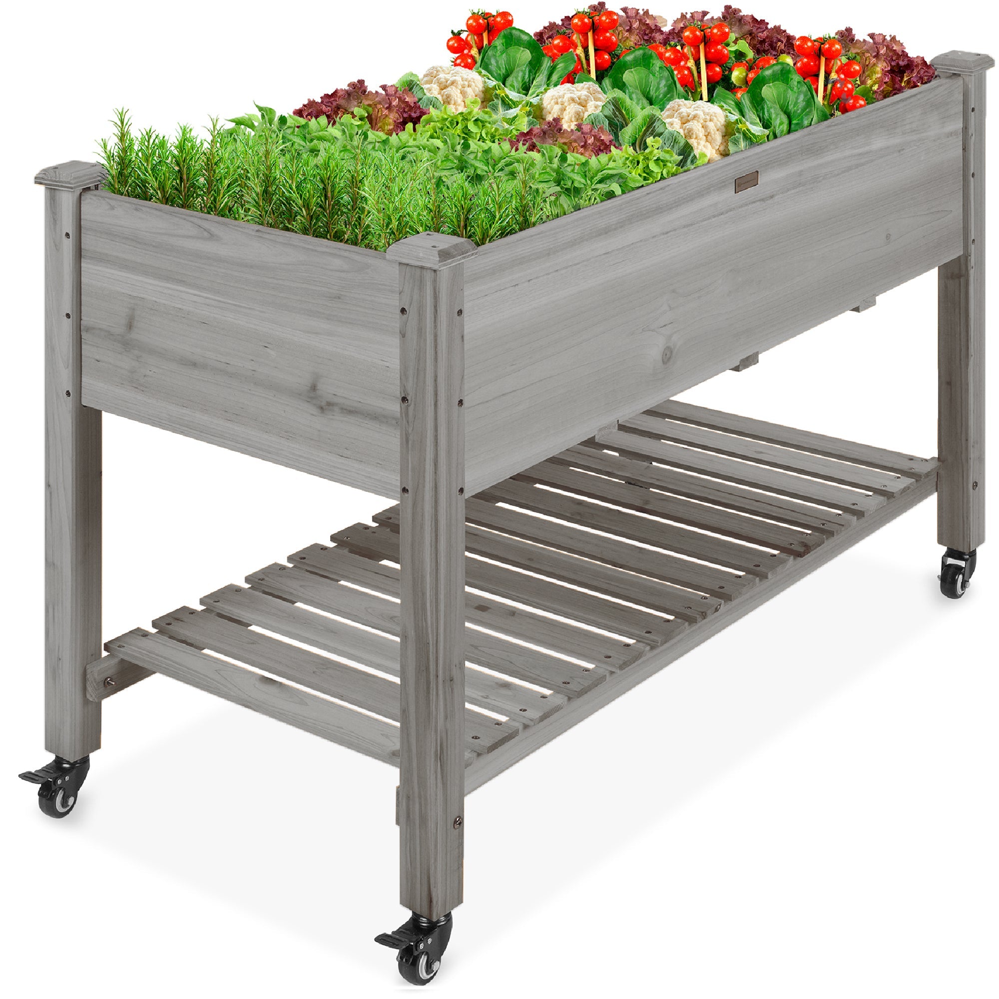 Mobile Raised Garden Bed Elevated Planter w/ Wheels, Shelf - 48x24x32in - Gray
