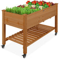 Mobile Raised Garden Bed Elevated Planter w/ Wheels, Shelf - 48x24x32in - Acorn Brown