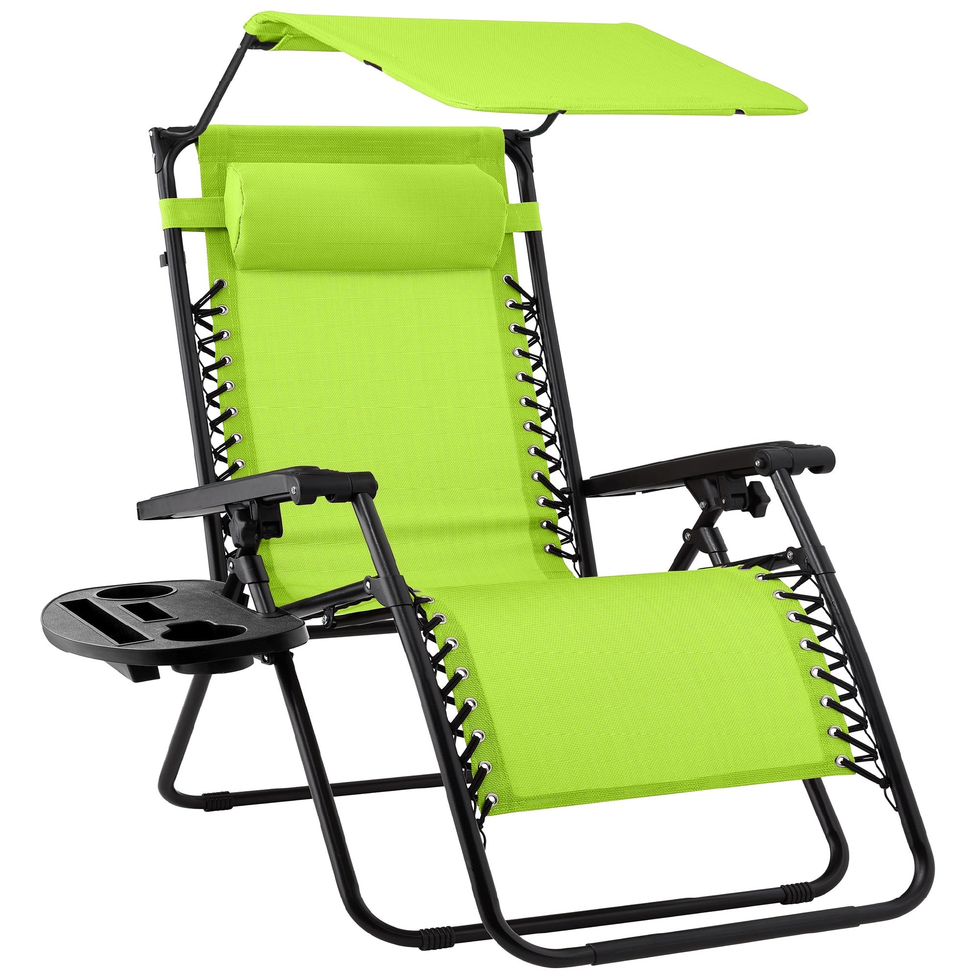 Folding Zero Gravity Recliner Patio Lounge Chair w/ Canopy, Side Tray - Lime Green