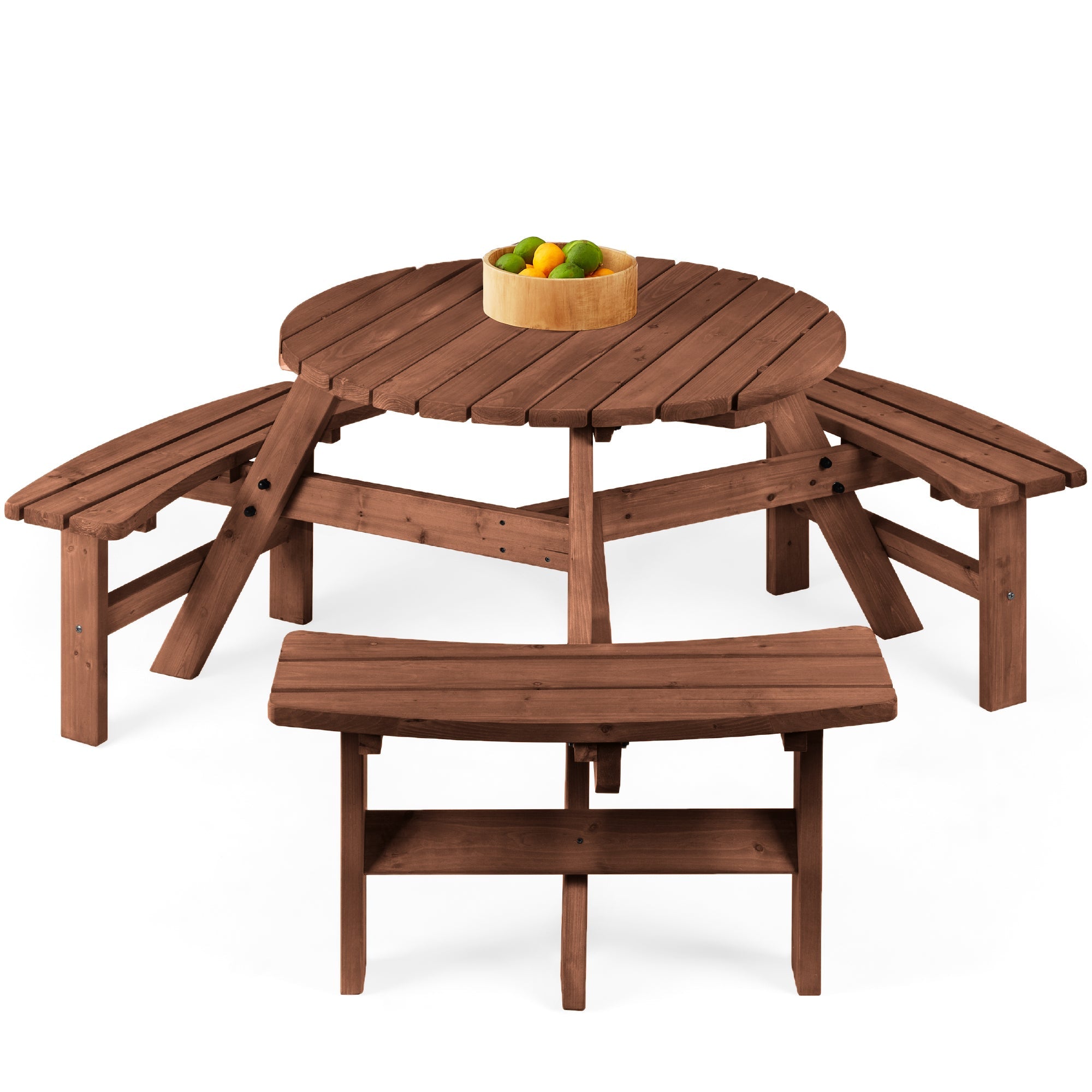 6-Person Circular Wooden Picnic Table w/ Umbrella Hole, 3 Benches - Walnut Brown