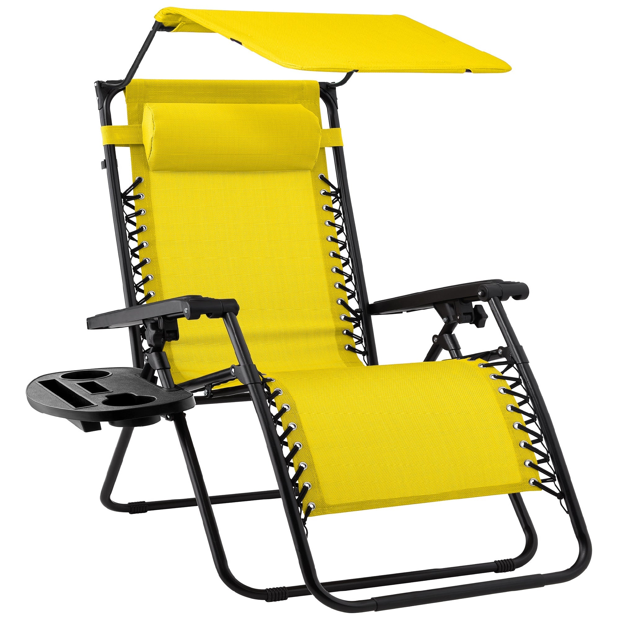 Folding Zero Gravity Recliner Patio Lounge Chair w/ Canopy, Side Tray - Sunflower Yellow