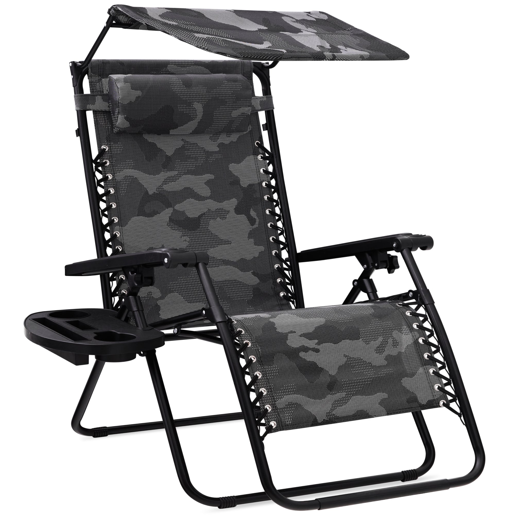 Folding Zero Gravity Recliner Patio Lounge Chair w/ Canopy, Side Tray - Camouflage