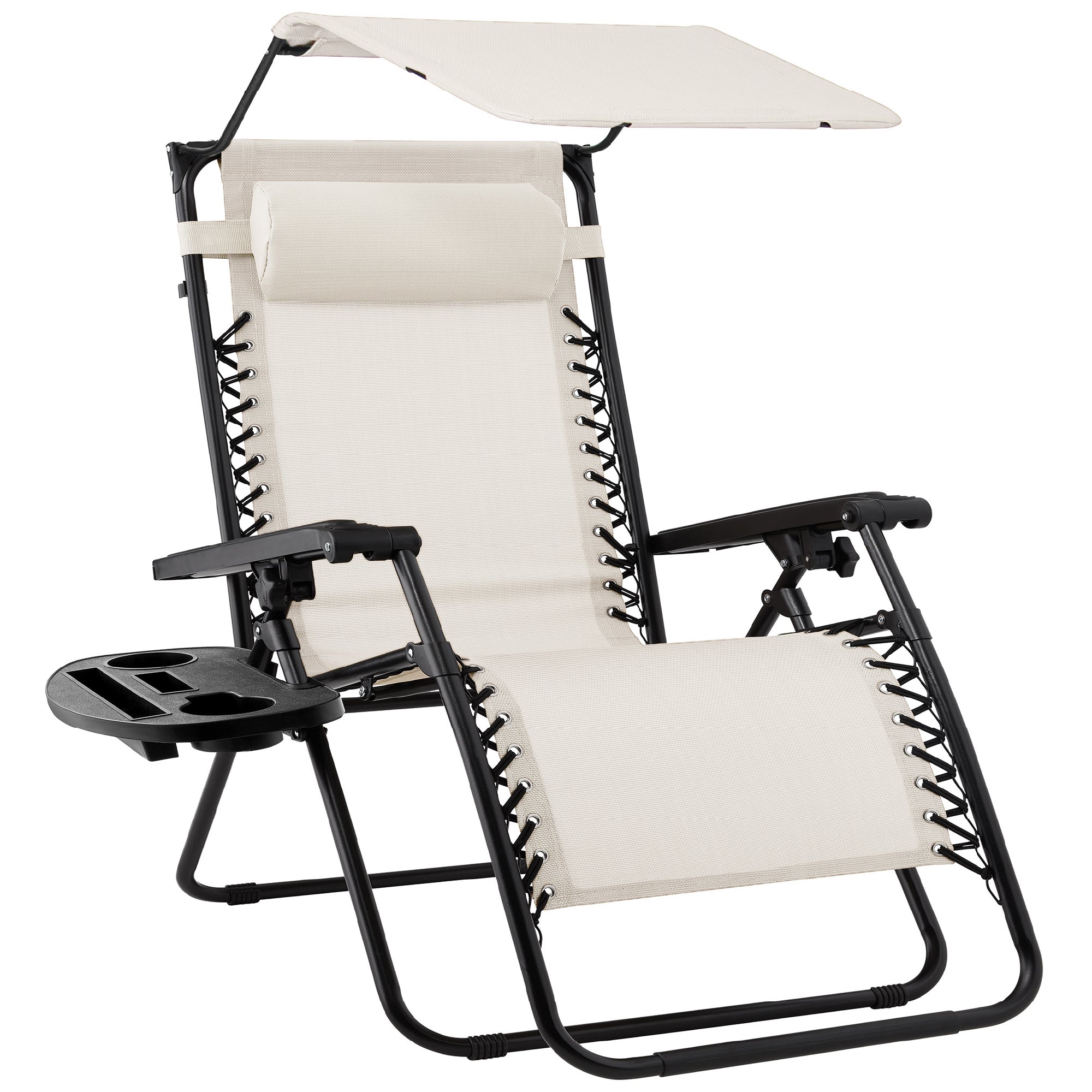 Folding Zero Gravity Recliner Patio Lounge Chair w/ Canopy, Side Tray - Ivory