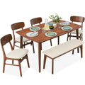 6-Piece Mid-Century Modern Upholstered Wooden Dining Set w/ 4 Chairs, Bench - Walnut/Cream