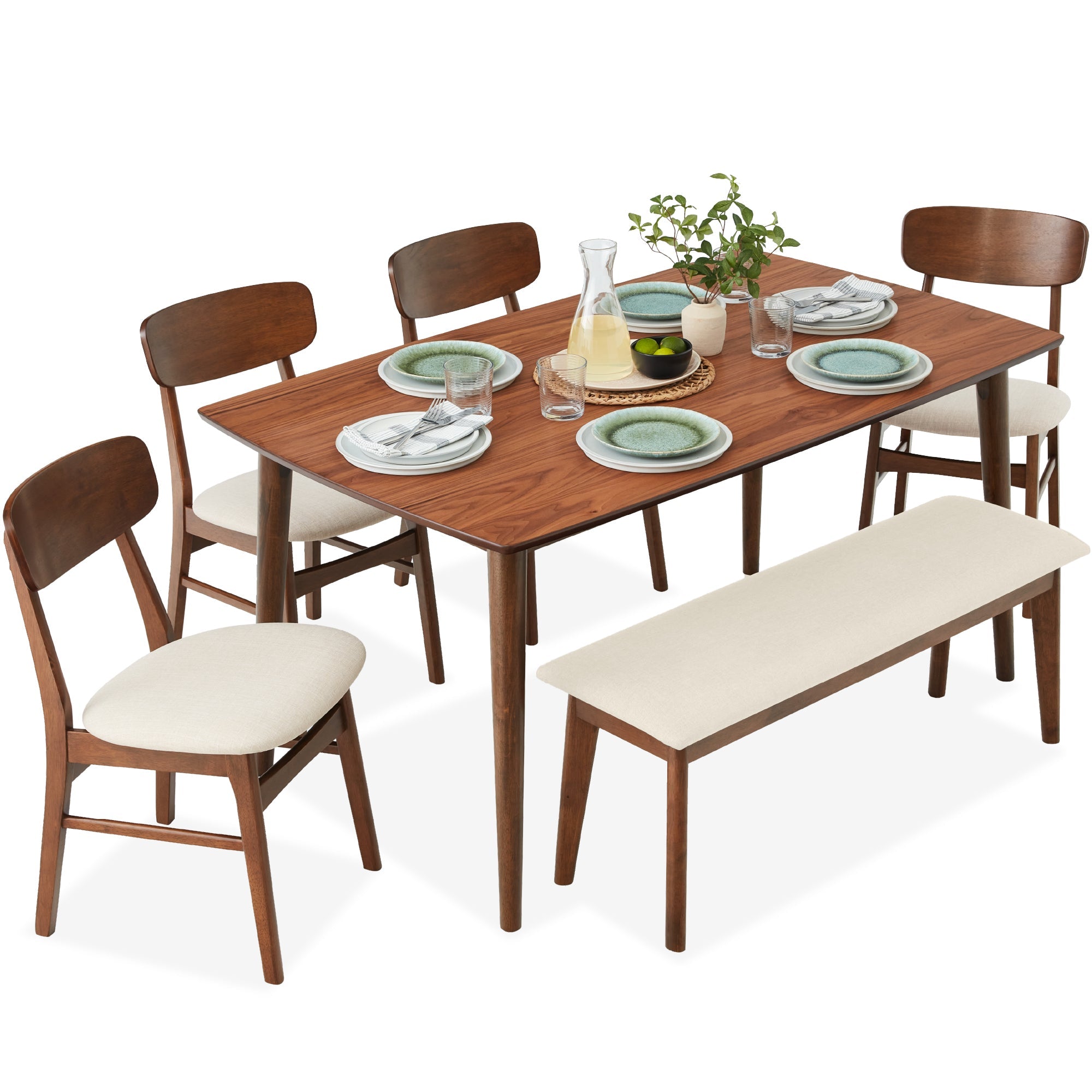 6-Piece Mid-Century Modern Upholstered Wooden Dining Set w/ 4 Chairs, Bench - Walnut/Cream