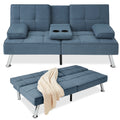 Linen Upholstered Convertible Sofa Bed Futon w/ 2 Cupholders - Blue