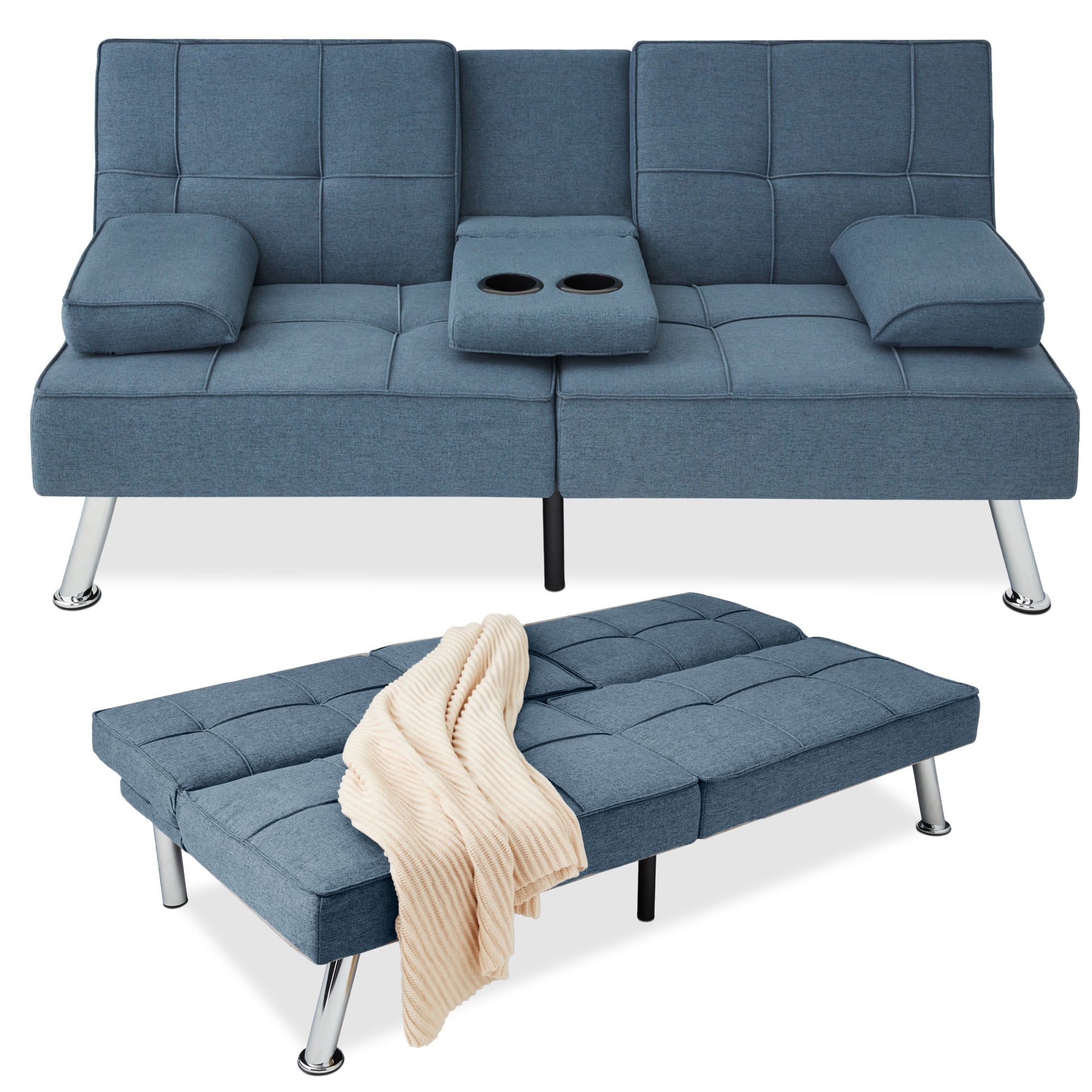 Linen Upholstered Convertible Sofa Bed Futon w/ 2 Cupholders - Blue