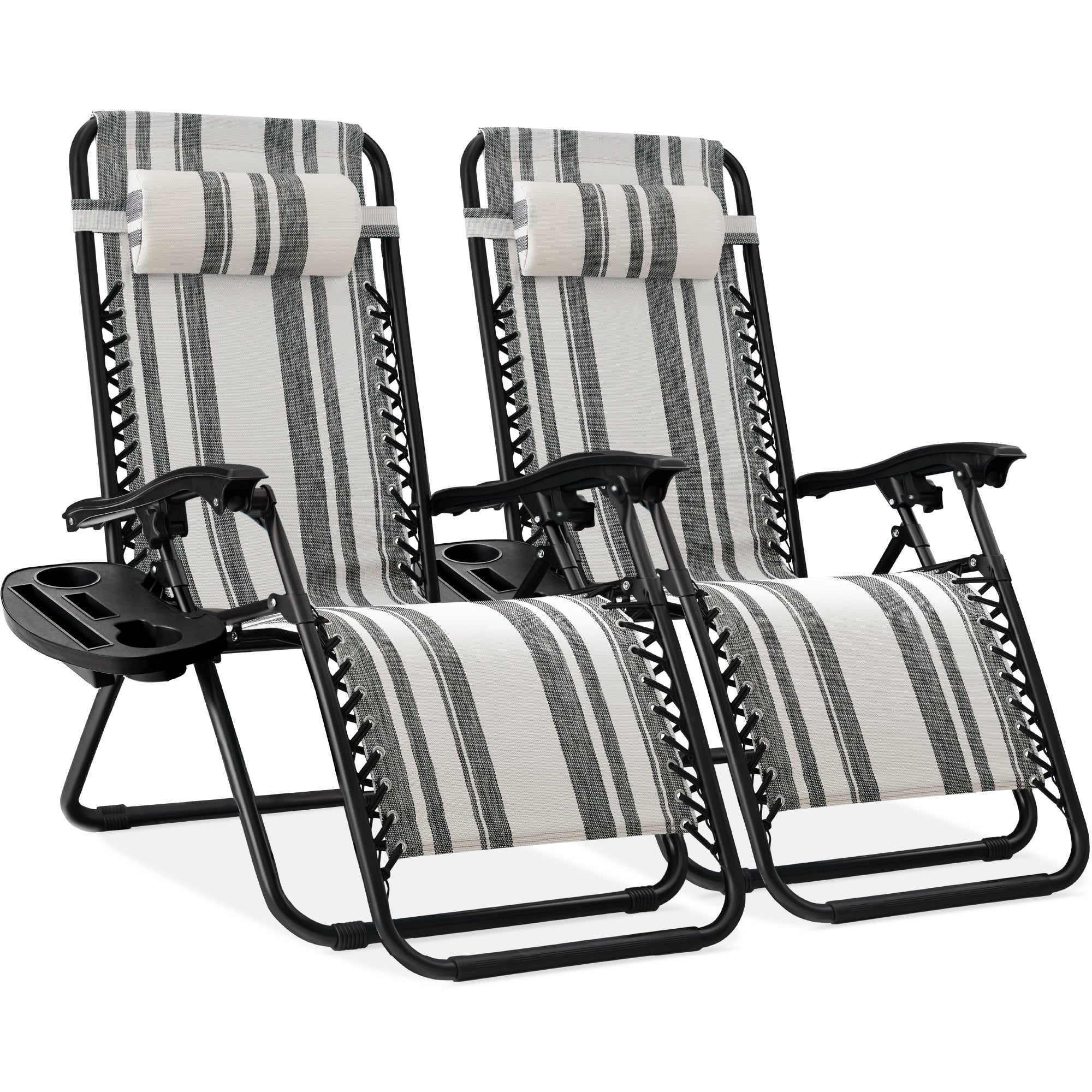 Set of 2 Adjustable Zero Gravity Patio Chair Recliners w/ Cup Holders - Gray Stripes