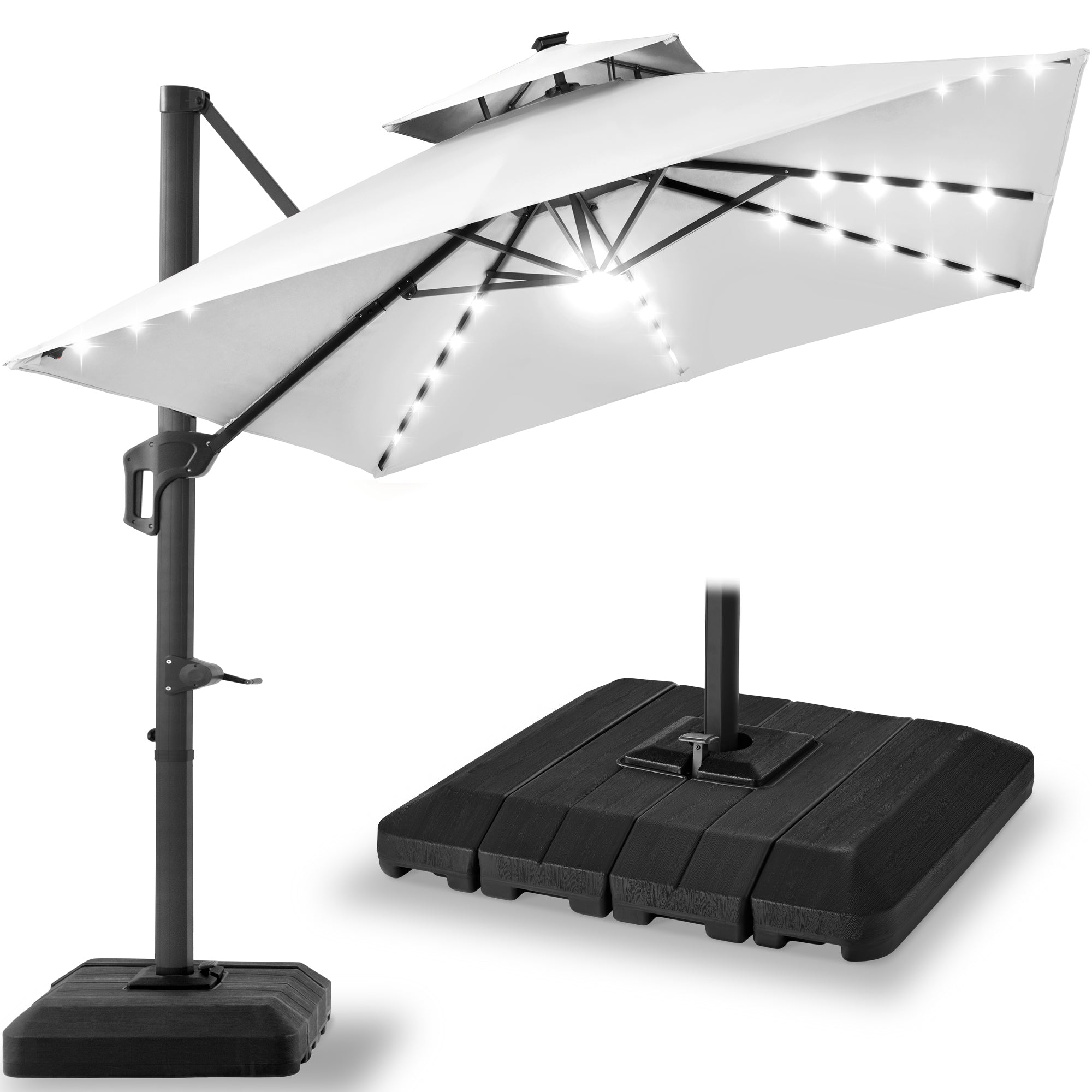 2-Tier Square LED Cantilever Offset Umbrella w/ 360 Rotation, Base - 10x10ft - Fog Gray