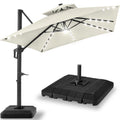 2-Tier Square LED Cantilever Offset Umbrella w/ 360 Rotation, Base - 10x10ft - Ivory
