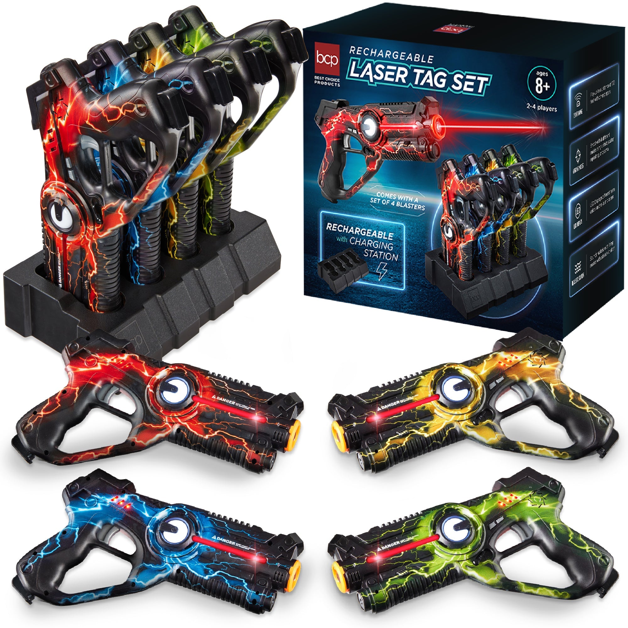Set of 4 Rechargeable Laser Tag Blasters w/ Docking Station, No Vests Needed - Red/ Yellow/ Blue/ Green