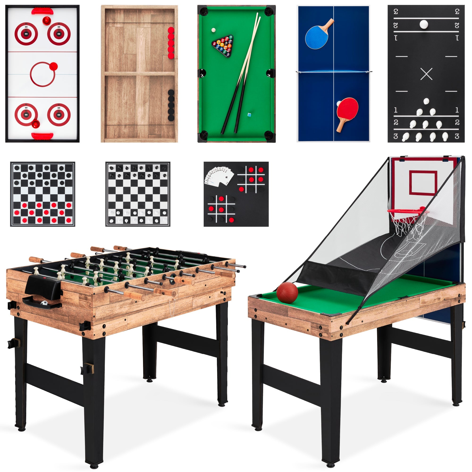 13-in-1 Combo Game Table Set w/ Ping Pong, Foosball, Basketball, Air Hockey - Natural