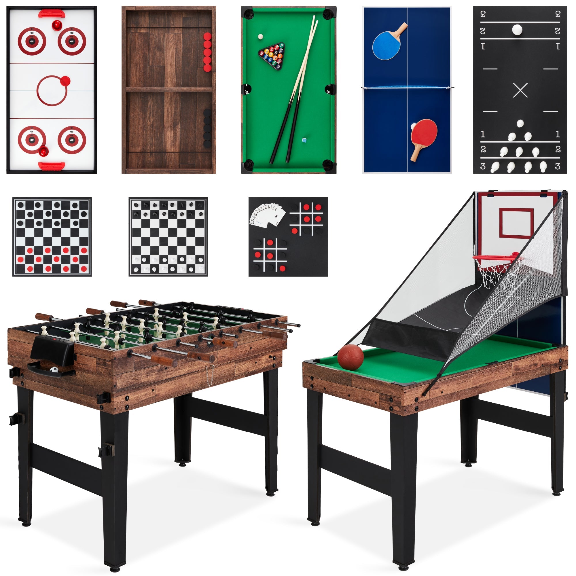13-in-1 Combo Game Table Set w/ Ping Pong, Foosball, Basketball, Air Hockey - Walnut