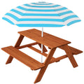 Kids Wooden Outdoor Picnic Table w/ Adjustable Umbrella, Built-In Seats - Golden Brown/Aqua