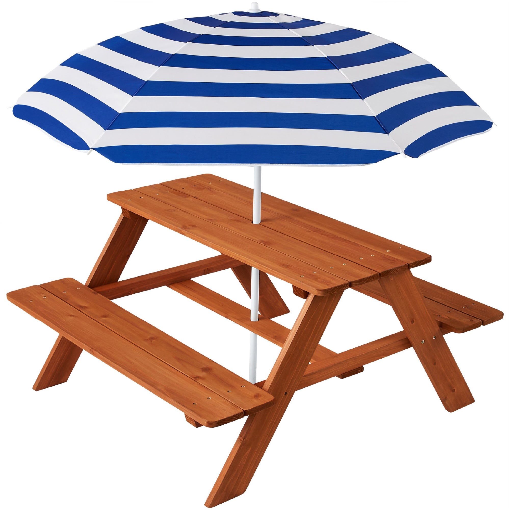 Kids Wooden Outdoor Picnic Table w/ Adjustable Umbrella, Built-In Seats - Golden Brown/Navy