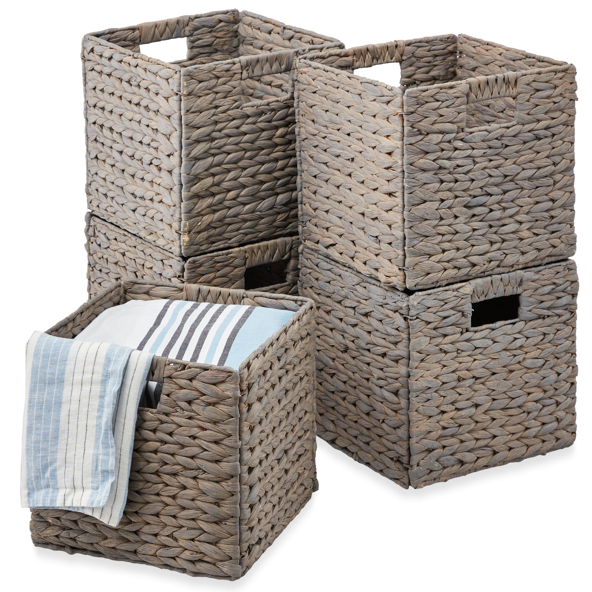 Set of 5 Collapsible Hyacinth Storage Baskets w/ Inserts - 10.5x10.5in - Gray