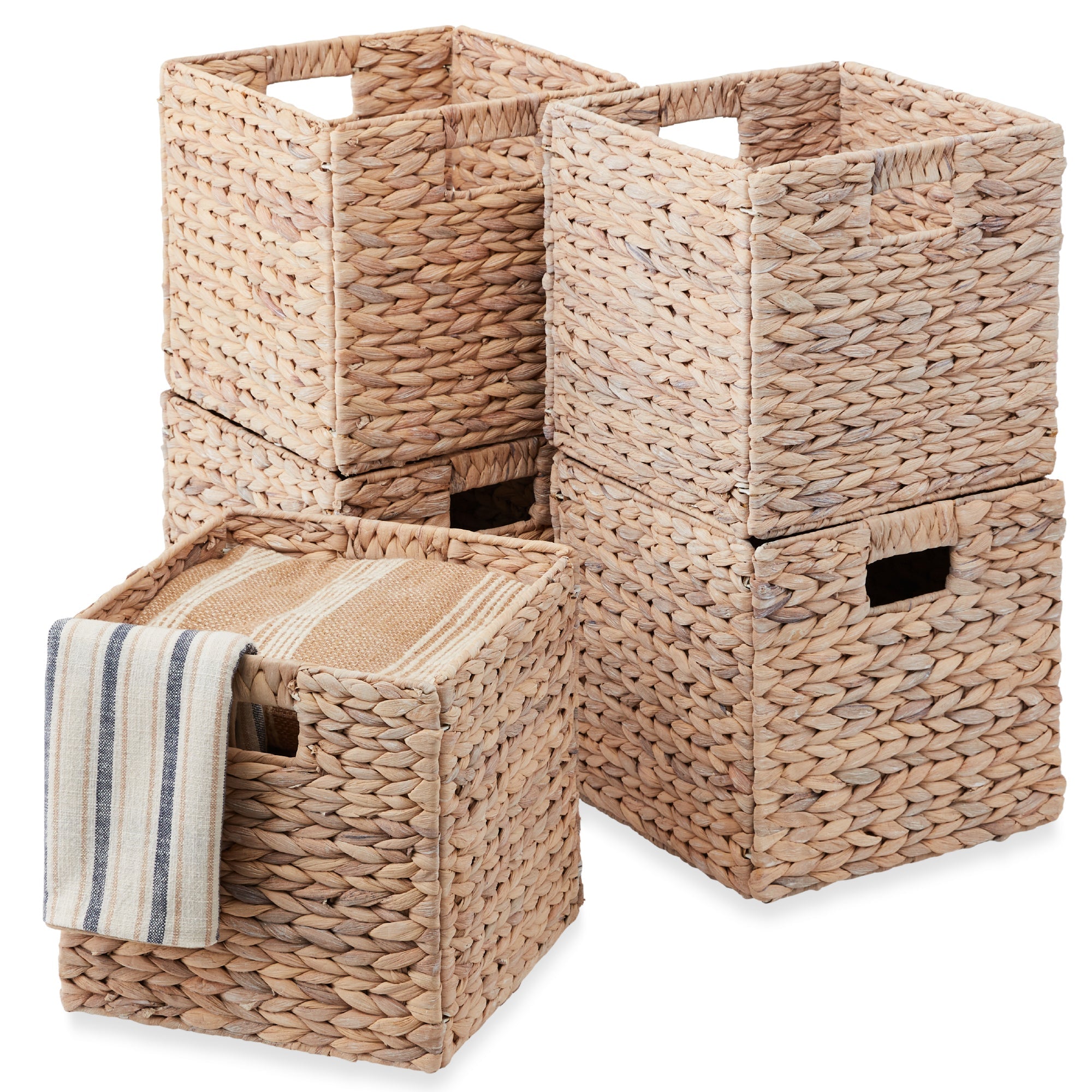 Set of 5 Collapsible Hyacinth Storage Baskets w/ Inserts - 12x12in - White
