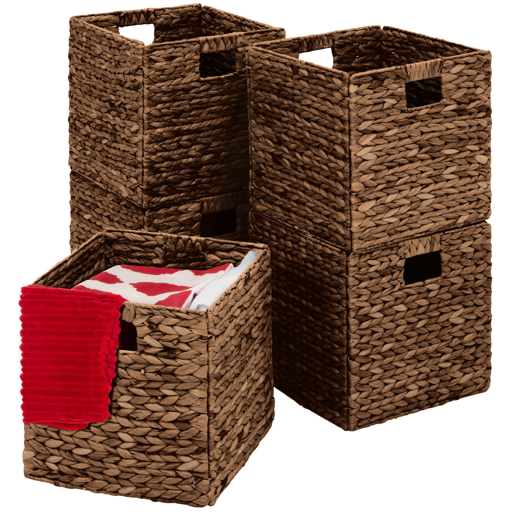 Set of 5 Collapsible Hyacinth Storage Baskets w/ Inserts - 13x13in - Brown