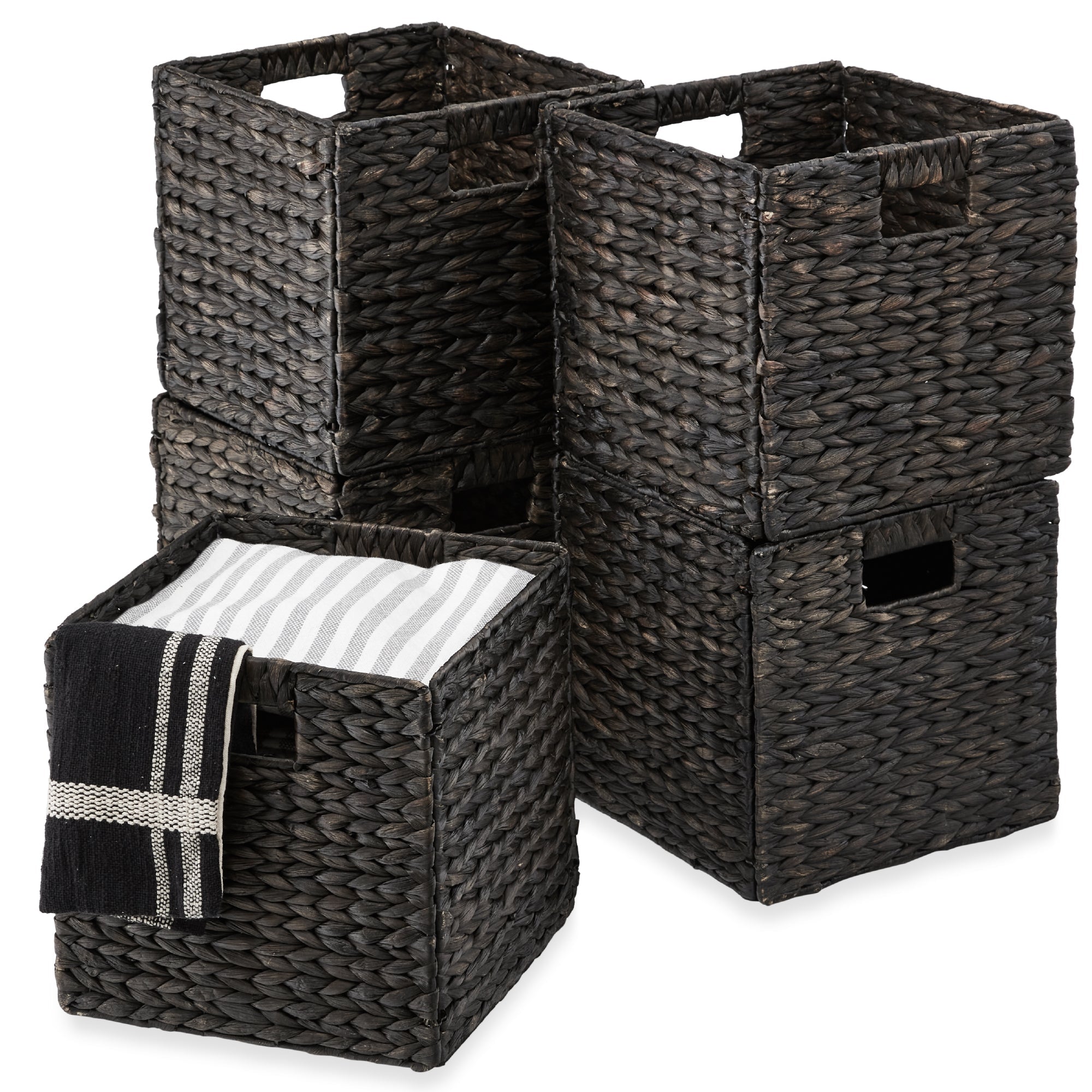 Set of 5 Collapsible Hyacinth Storage Baskets w/ Inserts - 13x13in - Black