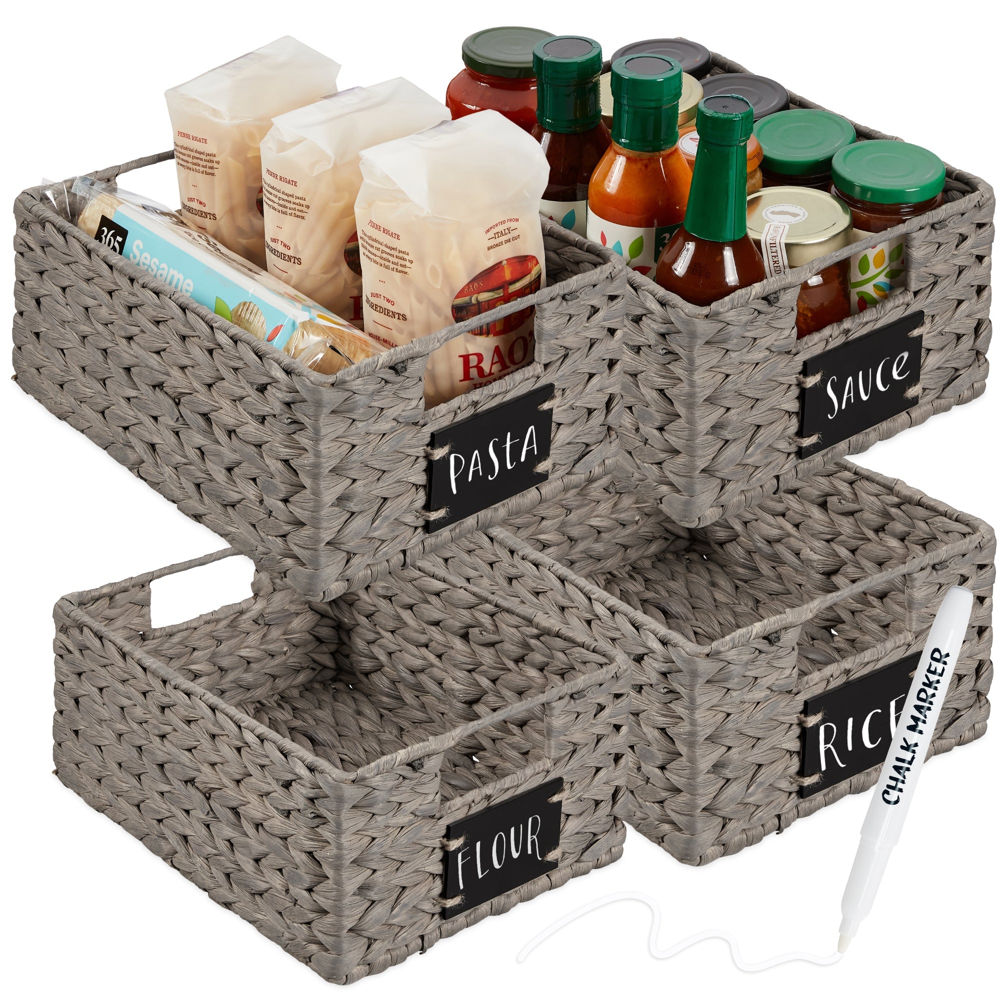 Set of 4 Water Hyacinth Pantry Baskets w/ Chalkboard, Marker - 12in - Gray
